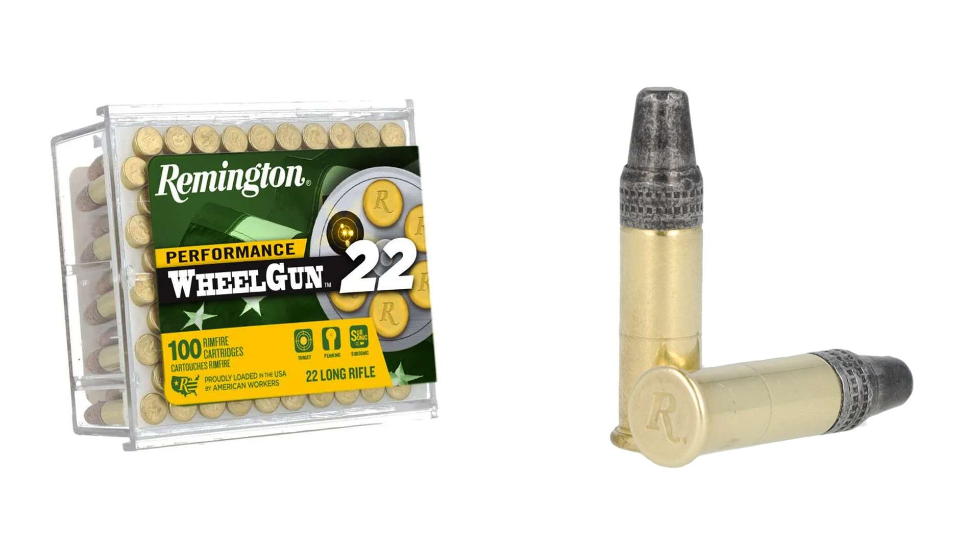 Remington Performance Wheelgun 22 100-count box of .22 Long Rifle rimfire ammunition beside two loaded cartridges showing the 39-grain truncated cone lead bullet and headstamped brass case