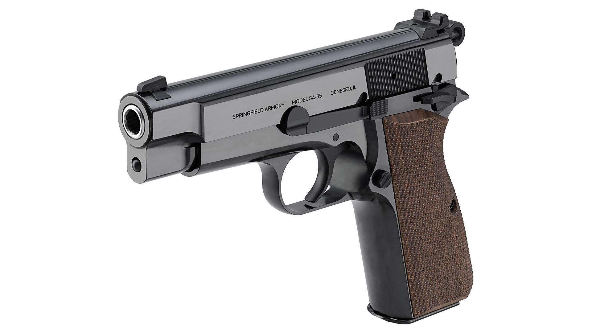 Front three-quarter view of the left side of a polished blued Springfield Armory SA-35 4-inch 9 mm pistol with checkered walnut grips on a white background