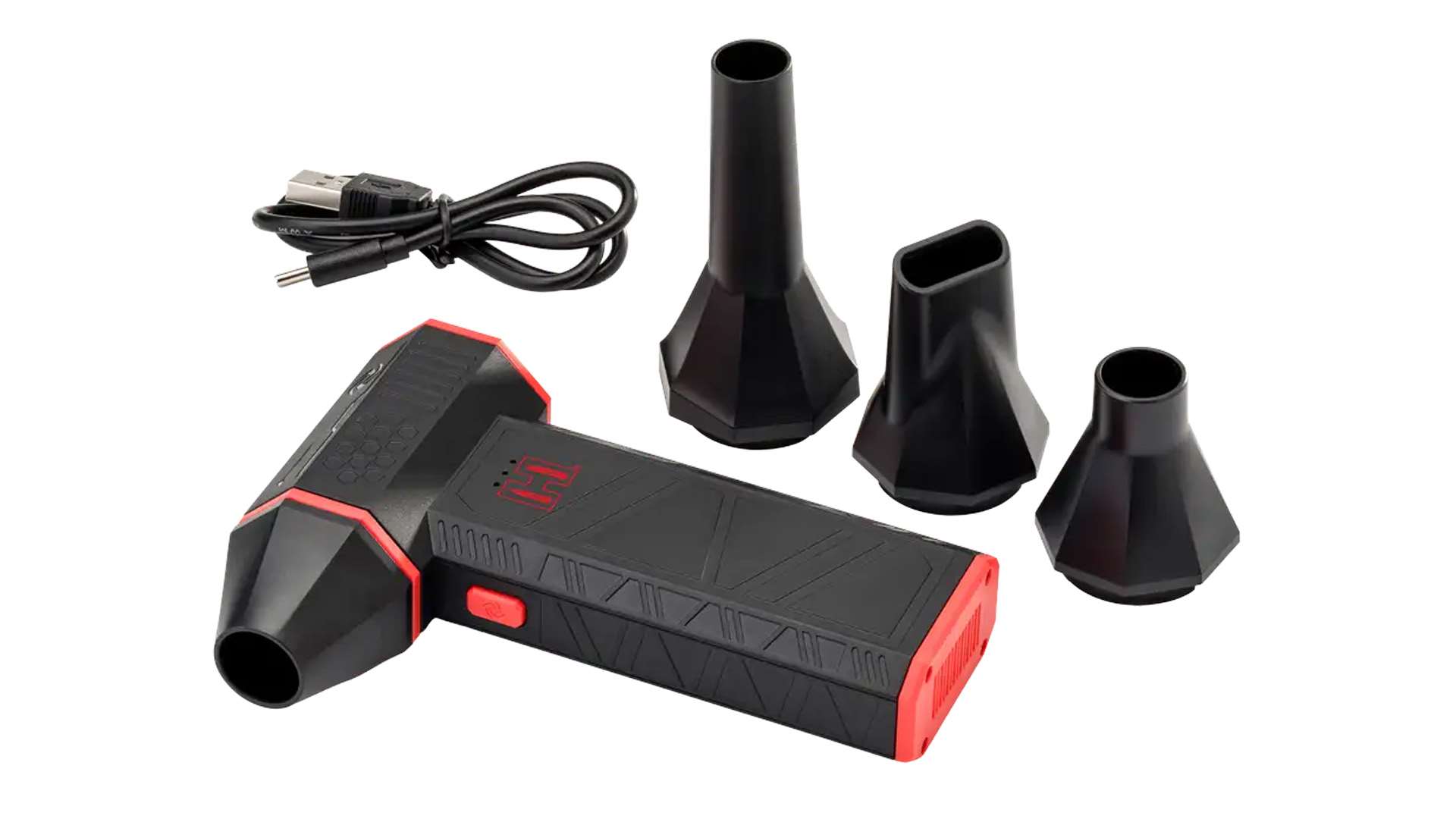 Black and red handheld Hornady Jet Blower with three detachable black nozzles and a USB charging cable