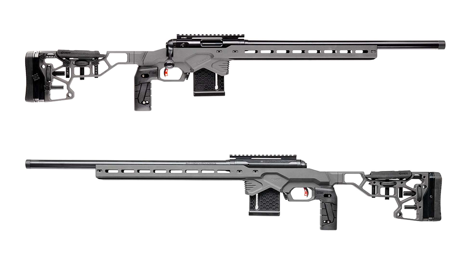 Savage Arms 110 RF Elite Precision .22 LR rifle right and left side views showing MDT Gen 2 ACC Premier chassis and Competition AccuTrigger