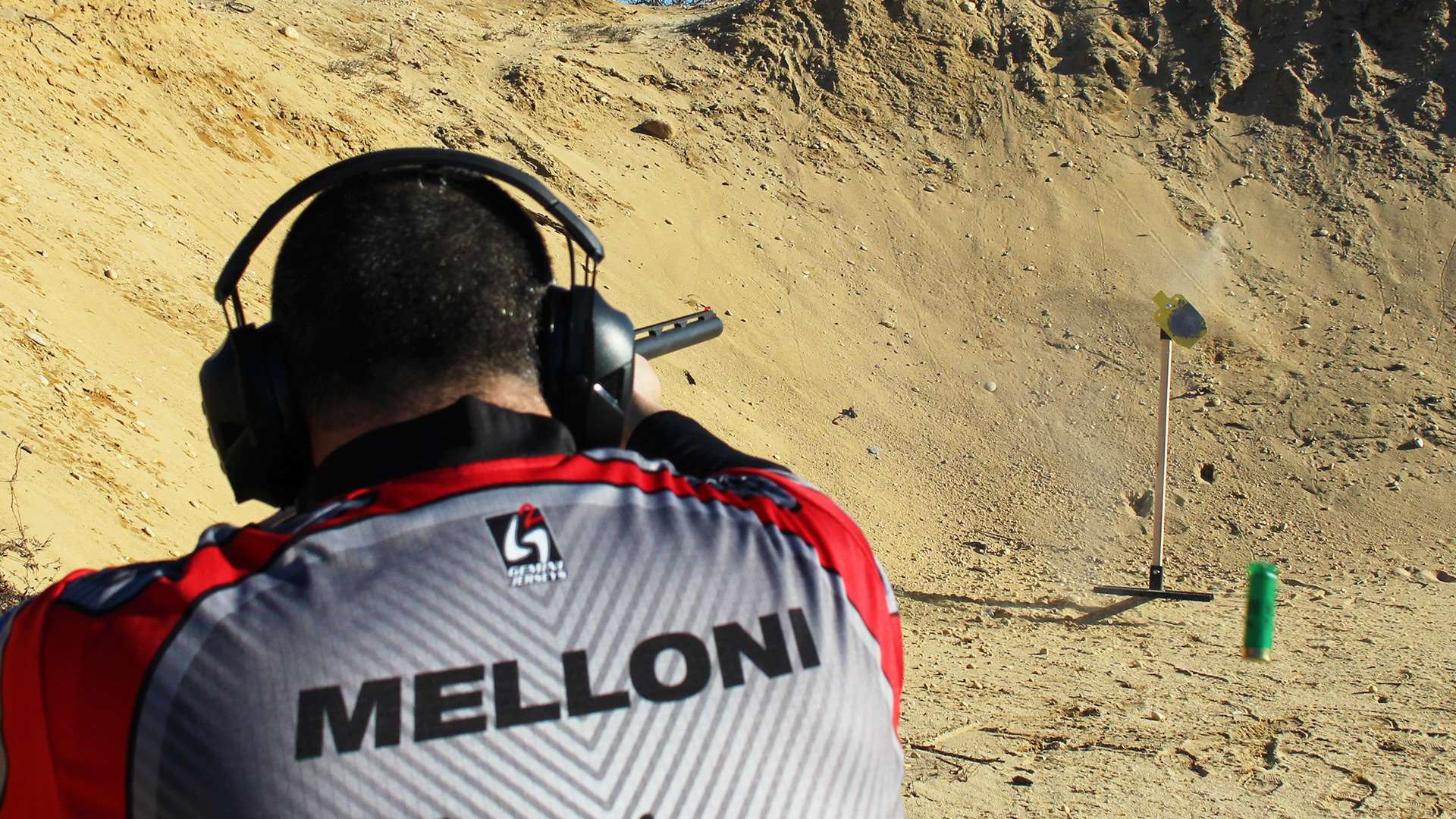 Frank Melloni practicing 3-gun shotgun with Caldwell IPSC steel targets at 33 percent size