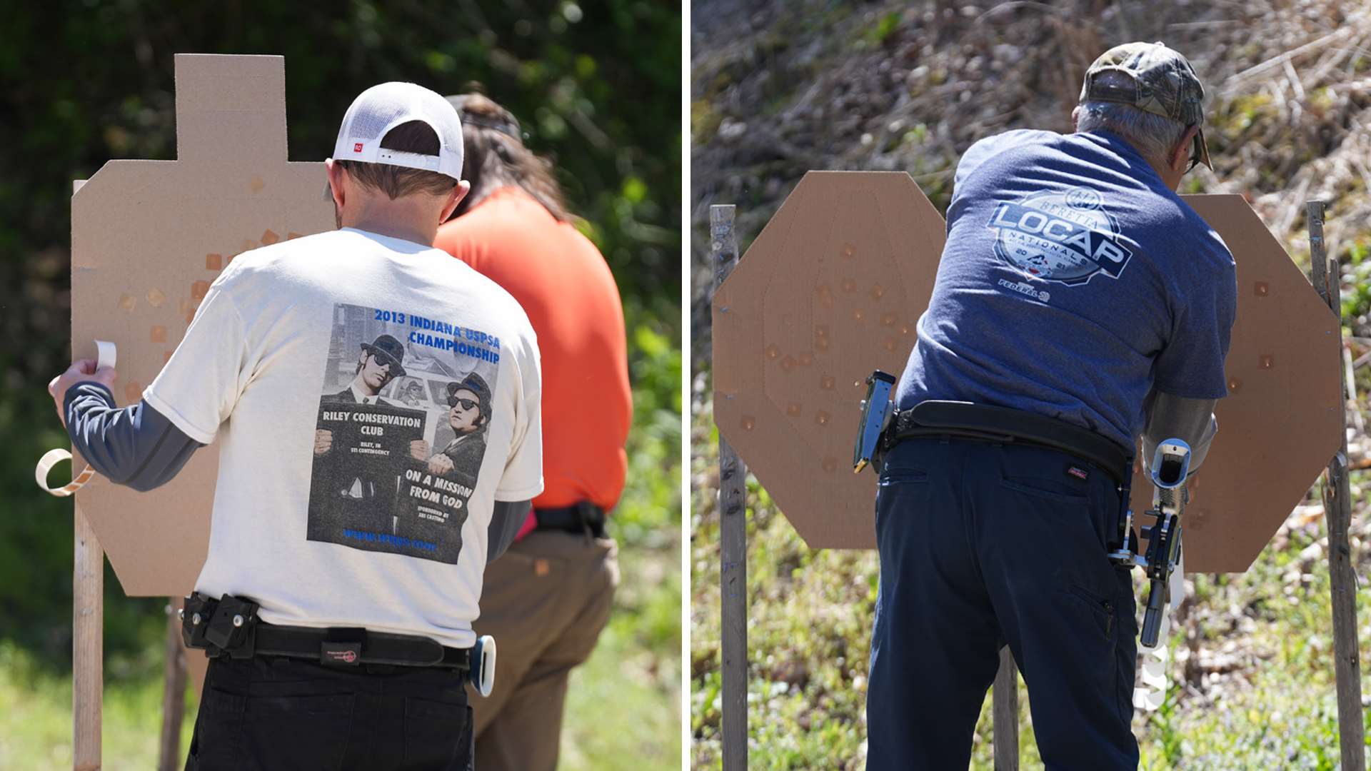 Two USPSA match staffers pasting scoring targets with tape between competitors during a stage reset