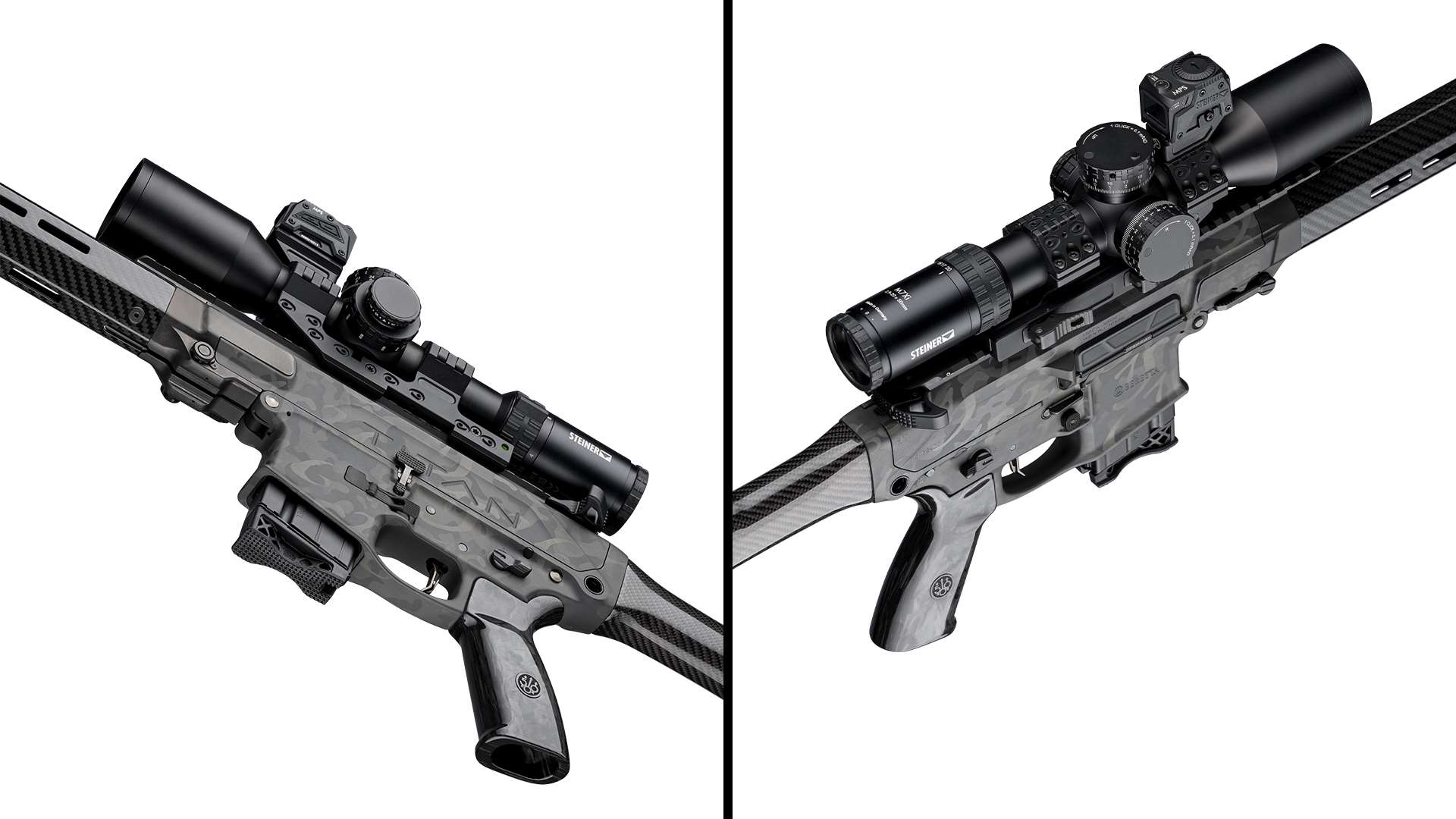 Side by side detail photographs of the Beretta Titan showing close-up views of the forged-carbon pistol grip on the left and the carbon-fiber fore-end with mounted Steiner scope on the right