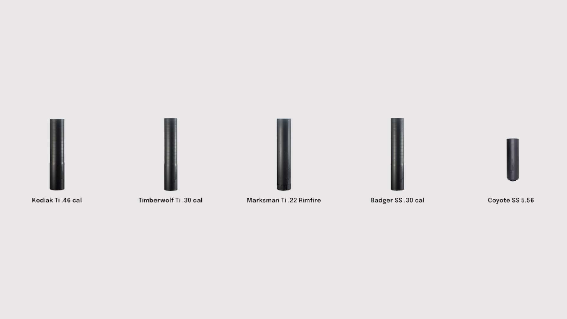Five Backwoods suppressor models labeled Kodiak Ti .46 cal, Timberwolf Ti .30 cal, Marksman Ti .22 Rimfire, Badger SS .30 cal and Coyote SS 5.56