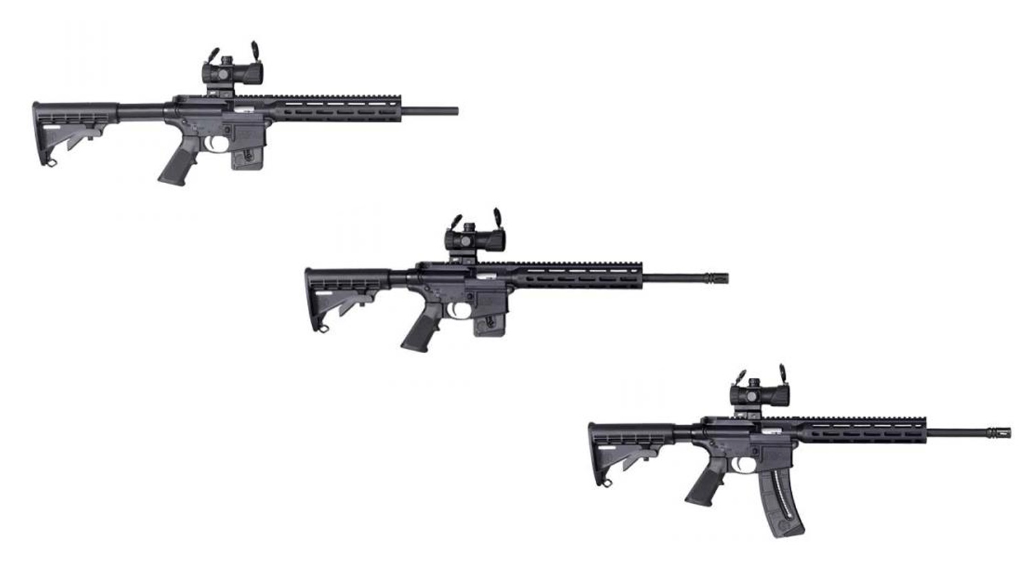 Three configurations of the M&amp;P 15-22 Sport OR rimfire rifle. From top to bottom: 10-round state compliant, 10-round and 25-round.