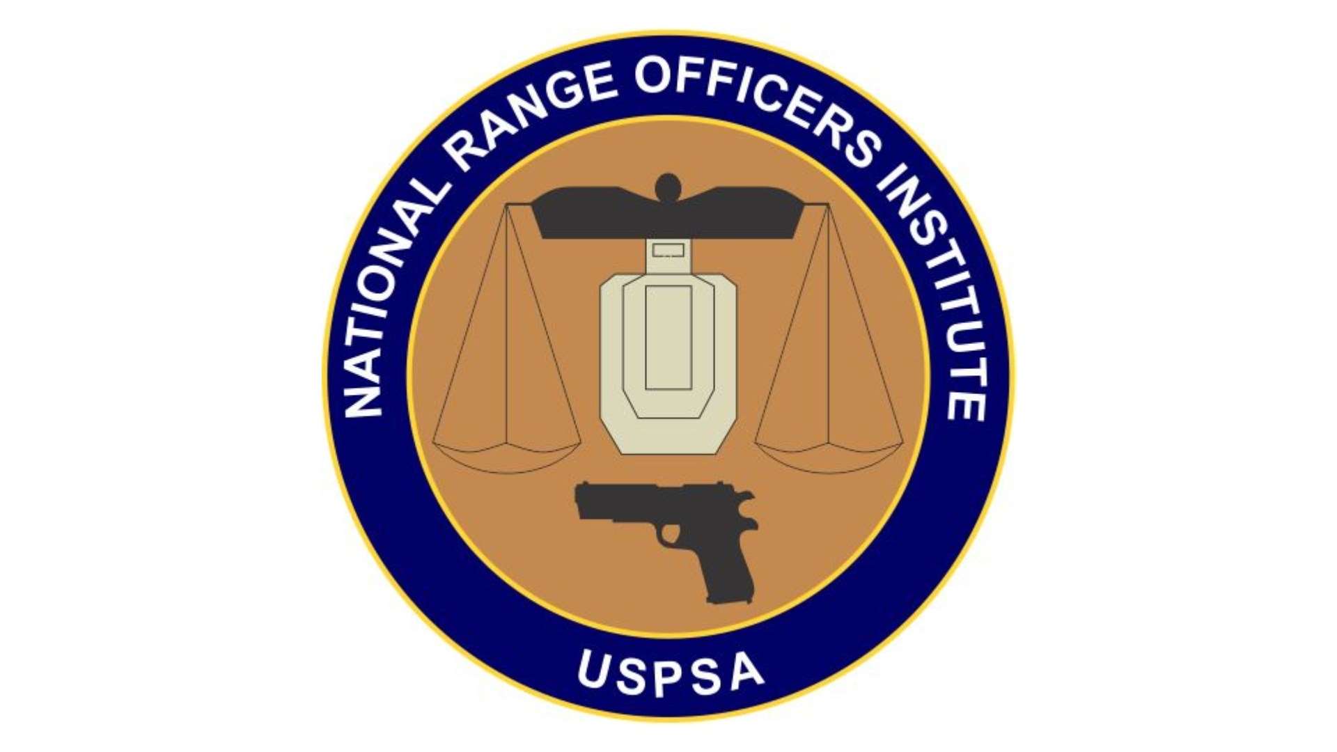 The National Range Officers Institute logo, featuring a balanced scale, a USPSA target silhouette, and a pistol on a tan background within a navy circular border with gold trim