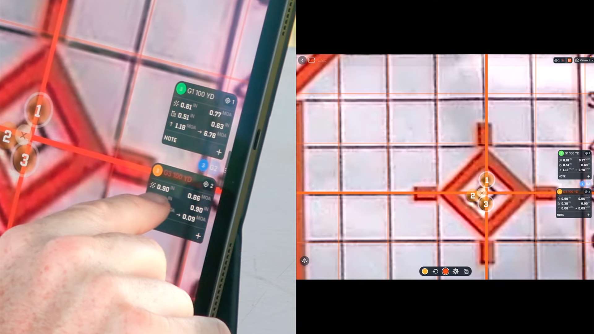 Split-screen view of a finger tapping a tablet running the Longshot app, with two data cards listing group measurements in inches and MOA over a red diamond target marked by three numbered shot impacts around a point-of-aim crosshair