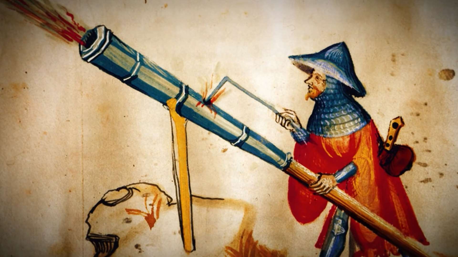 Old color drawing of a man firing a brass hand cannon illustrating bore size continuity from the 14th century through the early 1800s