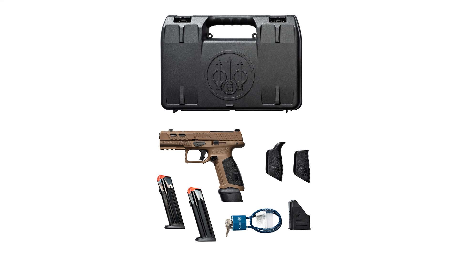 Beretta APX A1 Ported pistol displayed with hard case, magazines, backstraps, cable lock and magazine loader