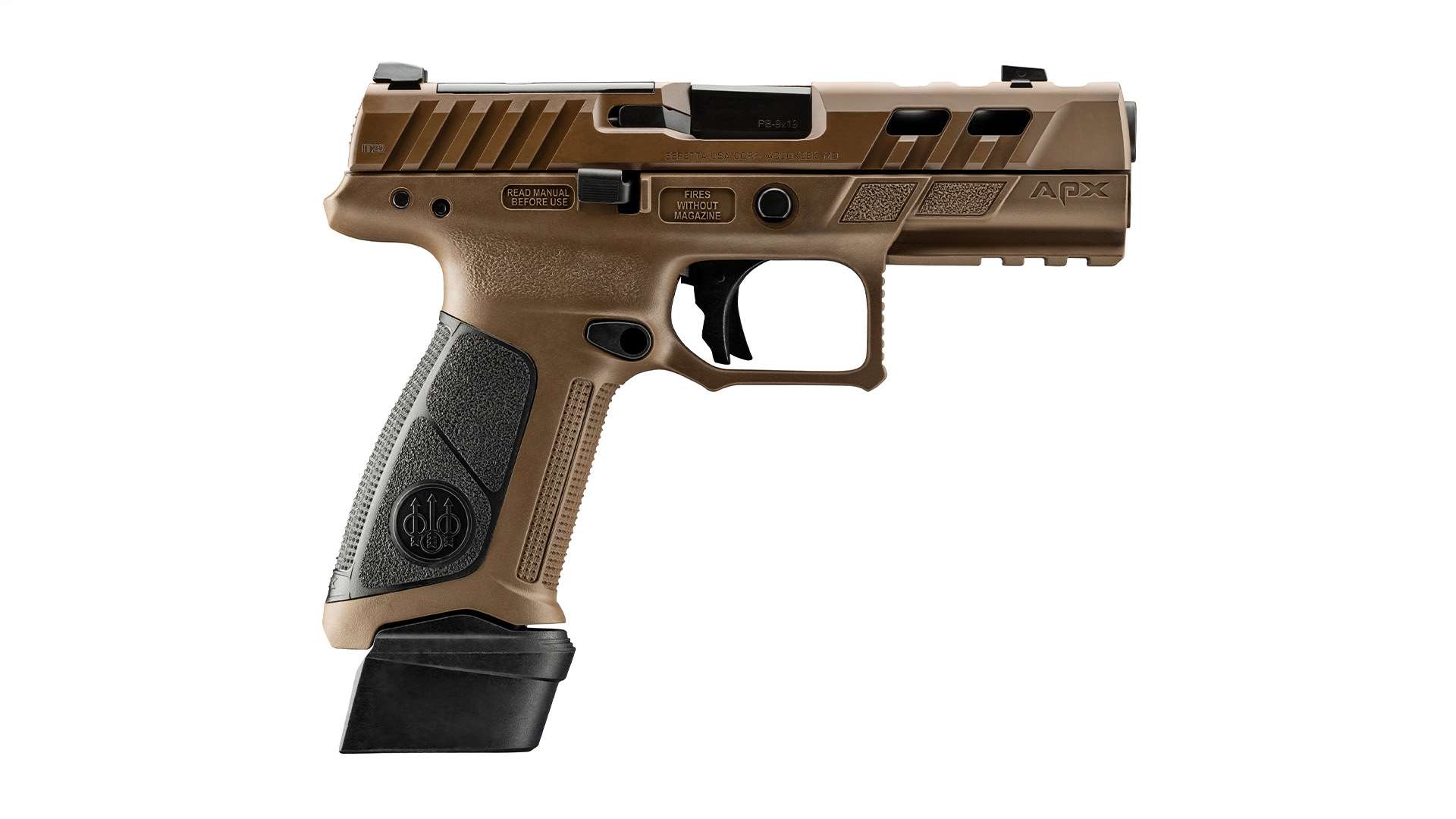 Right-side profile of the Beretta APX A1 Ported pistol in flat dark earth with an extended magazine