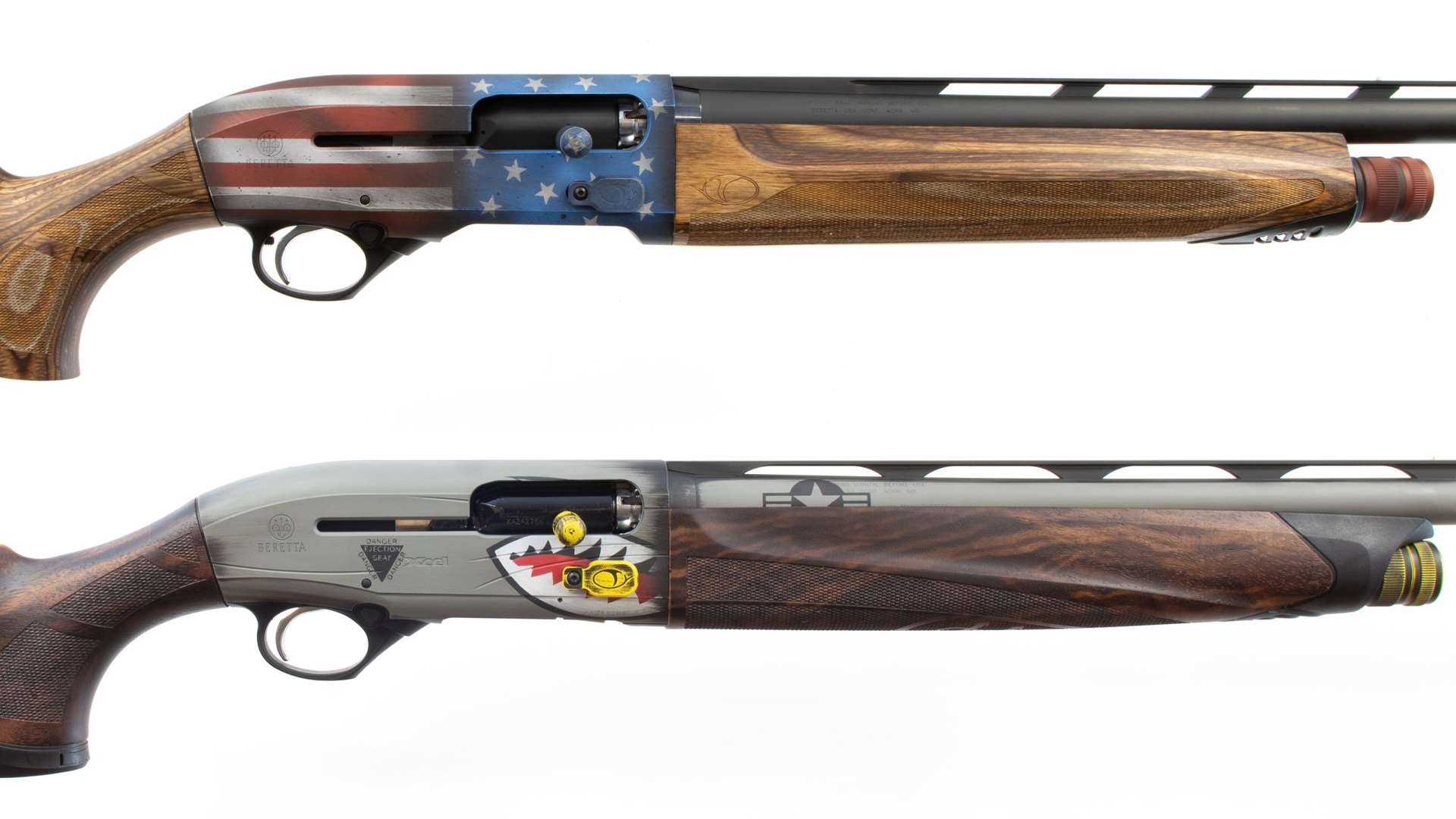 Two Beretta A400 Xcel Cole Pro shotguns from Cole Fine Guns and Gunsmithing featuring custom distressed American flag with brown laminate stock and A-10 Warthog theme with standard wood stock