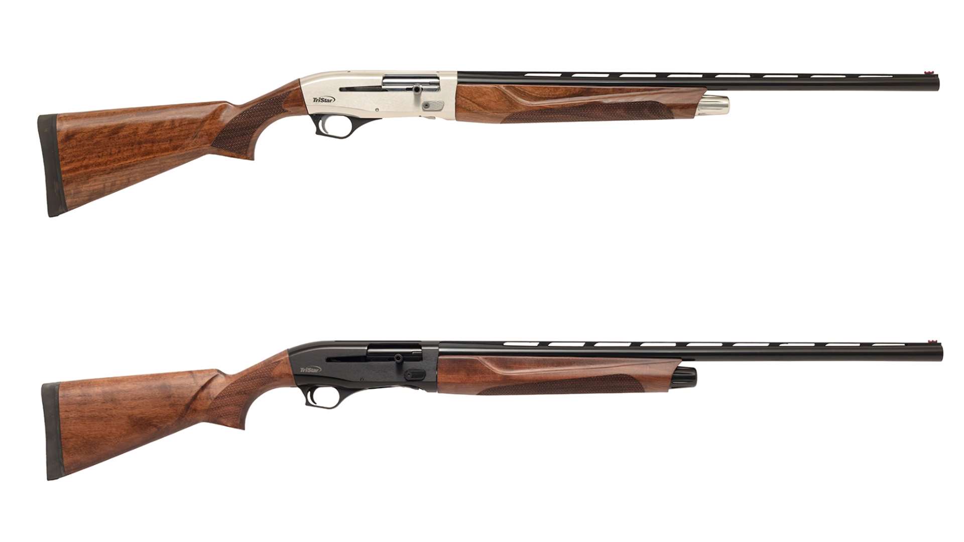 Side profiles of two TriStar Viper G3 shotguns, one with a silver receiver and one with a black receiver, both with walnut stocks