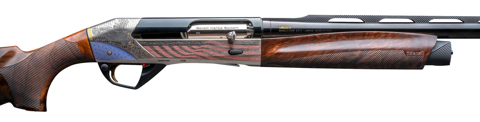 Close-up of the engraved receiver on the Benelli Super Black Eagle 3 250th Anniversary Edition showing American flag artwork, eagle engraving and gold accents
