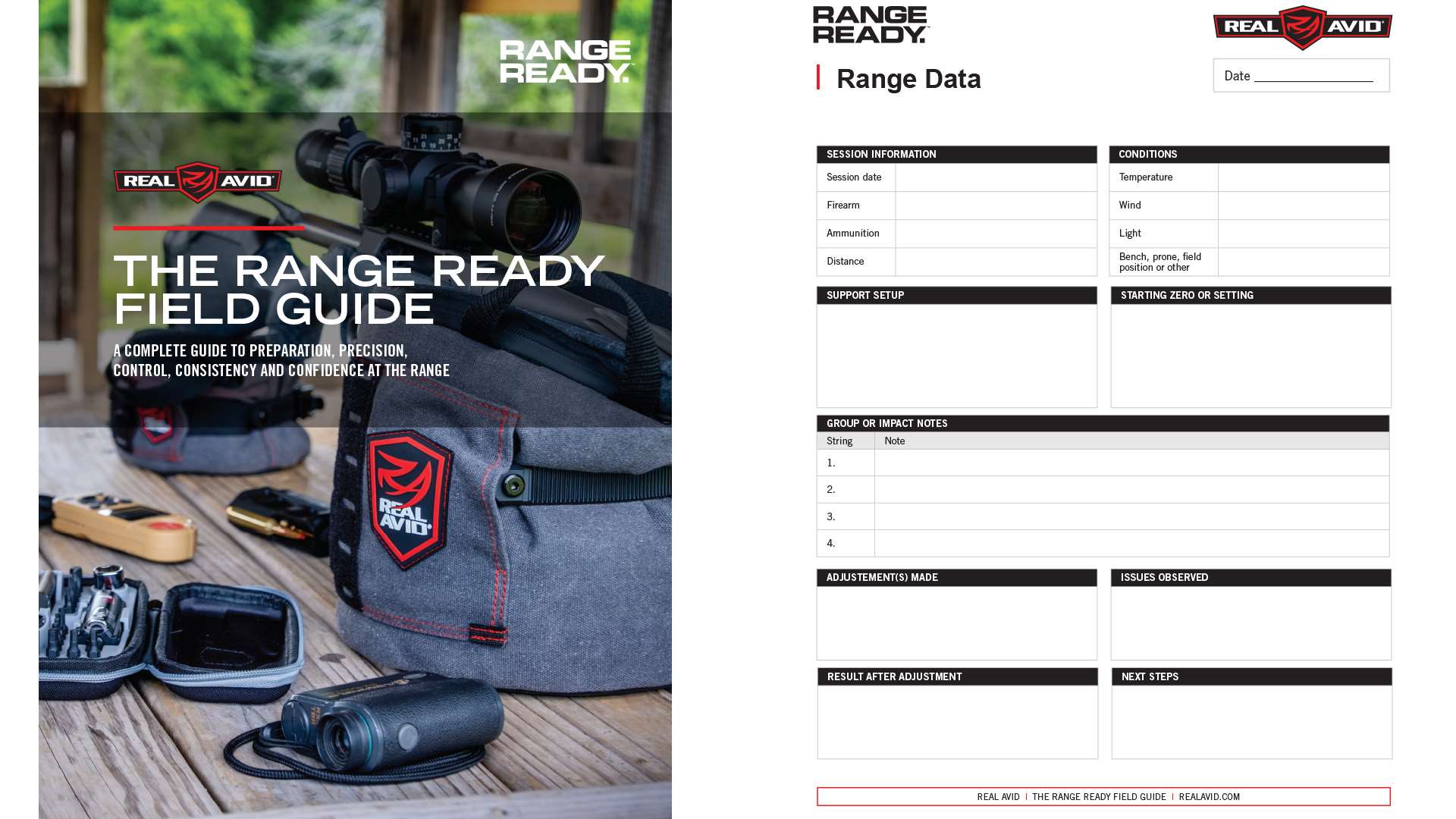 Cover of the Real Avid Range Ready Field Guide beside a blank Range Data worksheet