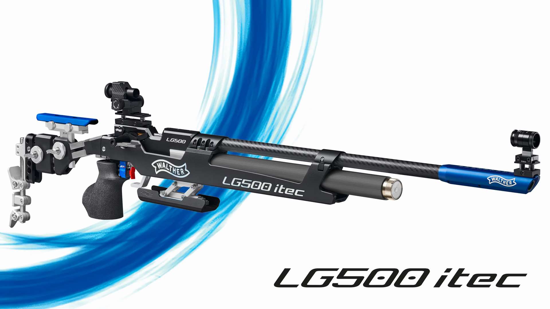 Walther LG500 itec 10-meter competition air rifle with aluminum stock, carbon-fiber barrel jacket and blue accents
