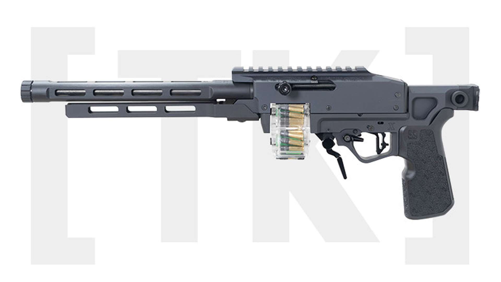 Left-side studio view of the Tandemkross ADX Pistol with no brace attached, showing the charging handle, integral Picatinny rail, M-LOK barrel and forend, loaded clear DoubleKross magazine and textured grip in front of a large gray Tandemkross logo