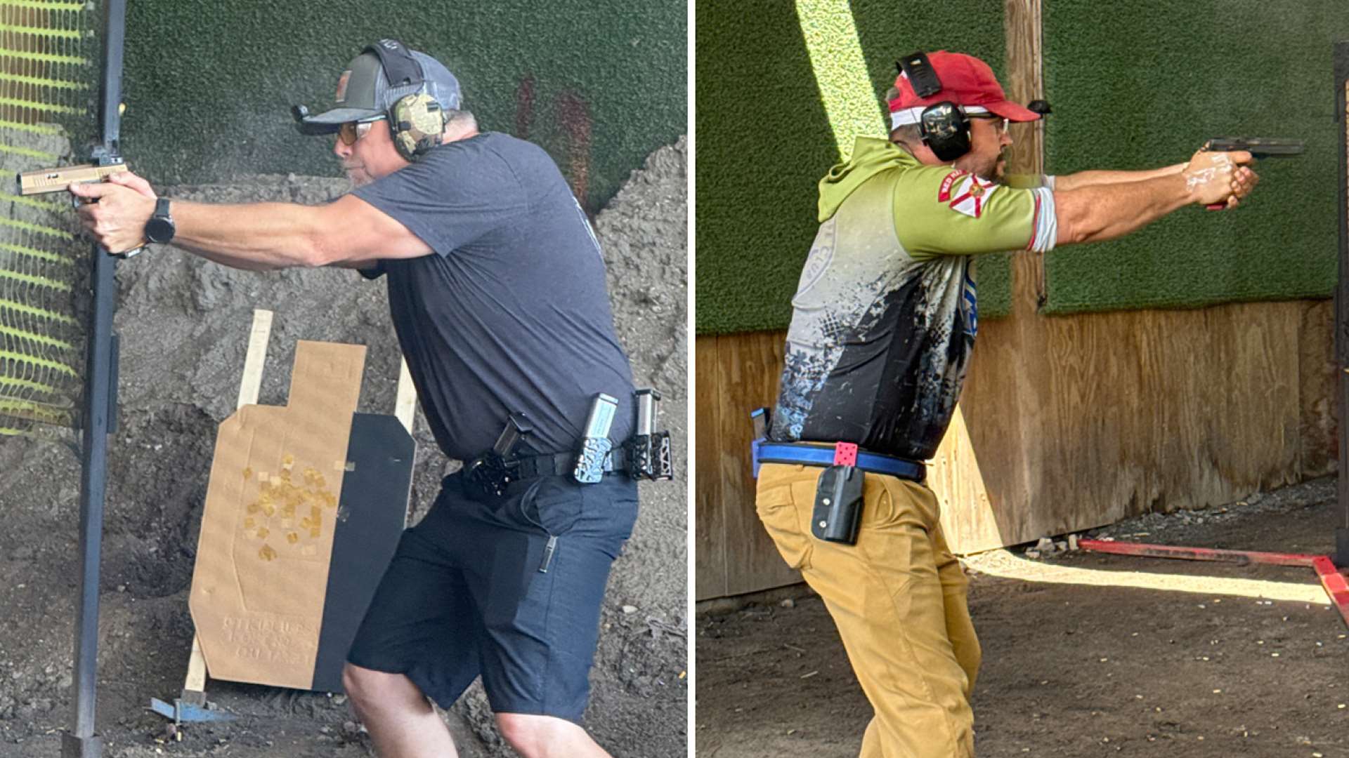 Composite image of two male USPSA competitors engaging targets on stages with military-themed artwork and physical prop elements at the Doc Welt Memorial Match