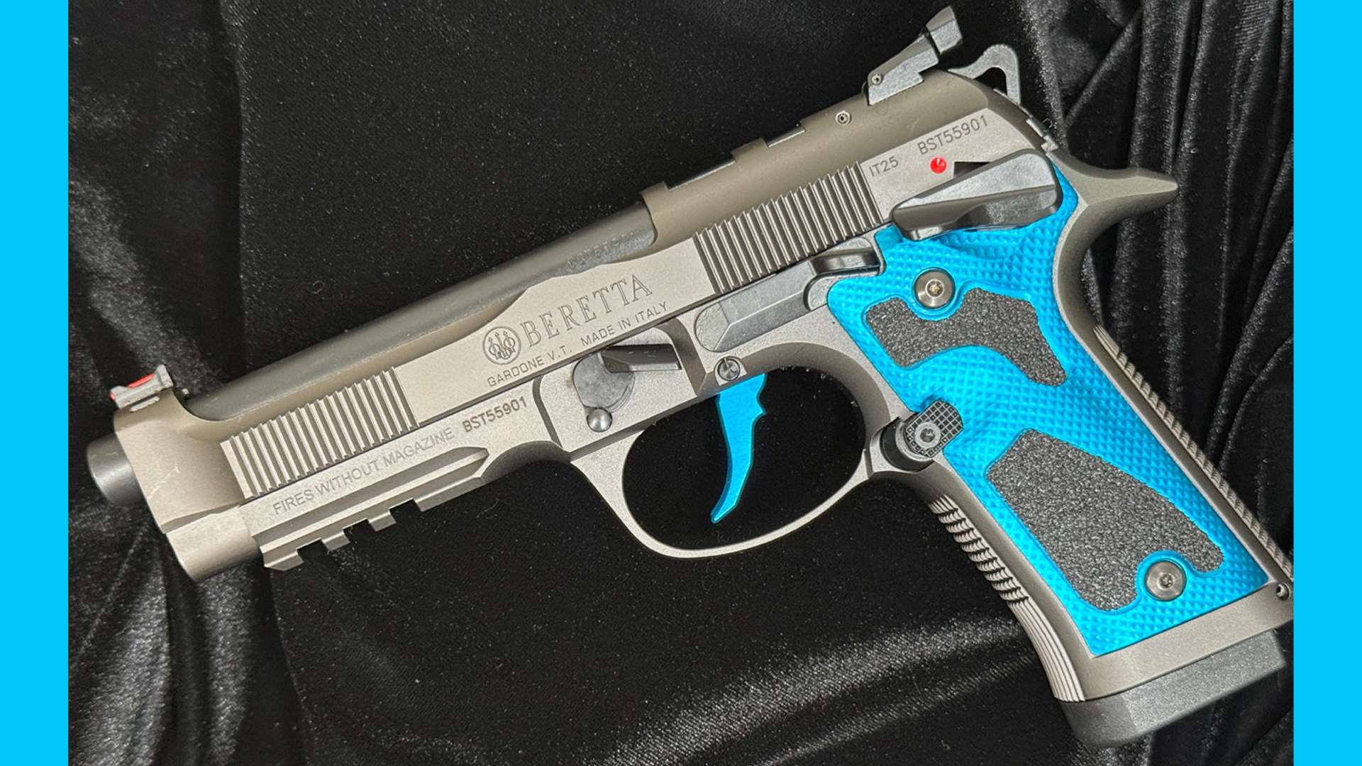 Beretta 92X Performance Dark Series pistol showing optics-ready slide, adjustable rear sight, accessory rail, and steel Vertec-style frame