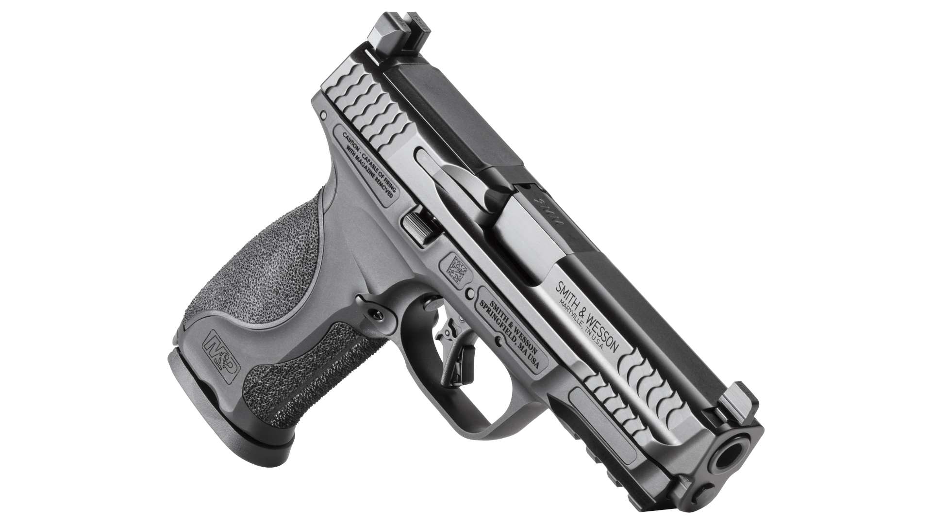 Close detail of the Smith and Wesson M&amp;P9 M2.0 Metal slide showing the ClearSight Cut gas diversion channel and Aimpoint ACRO optic mounting pocket