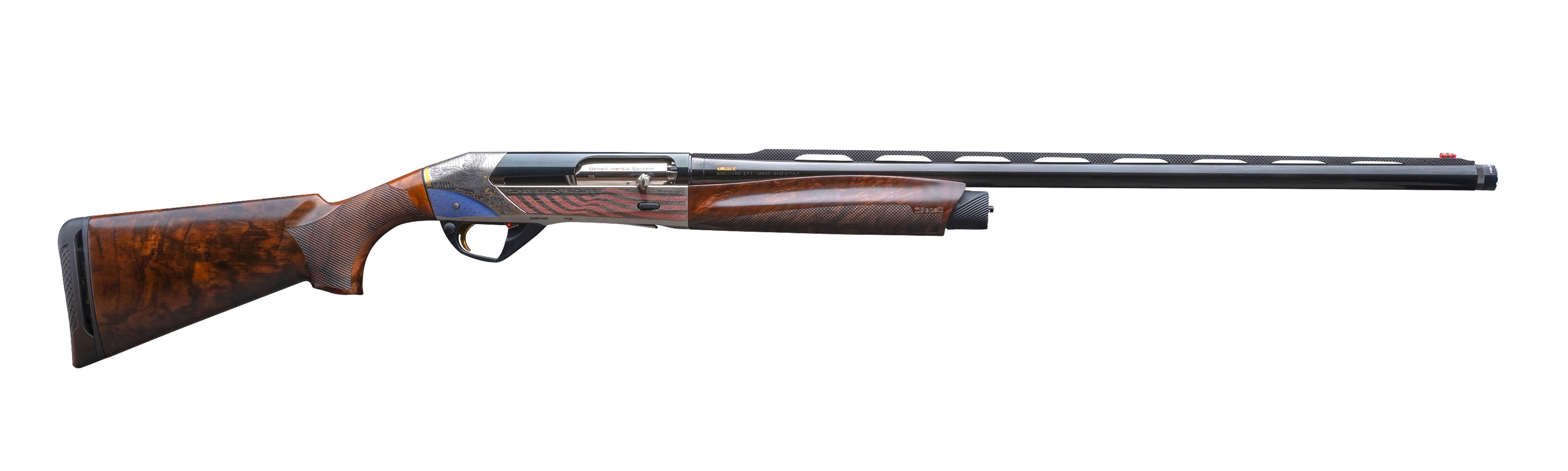 Left side full length view of the Benelli Super Black Eagle 3 250th Anniversary Edition semi-automatic shotgun with patriotic engraved receiver