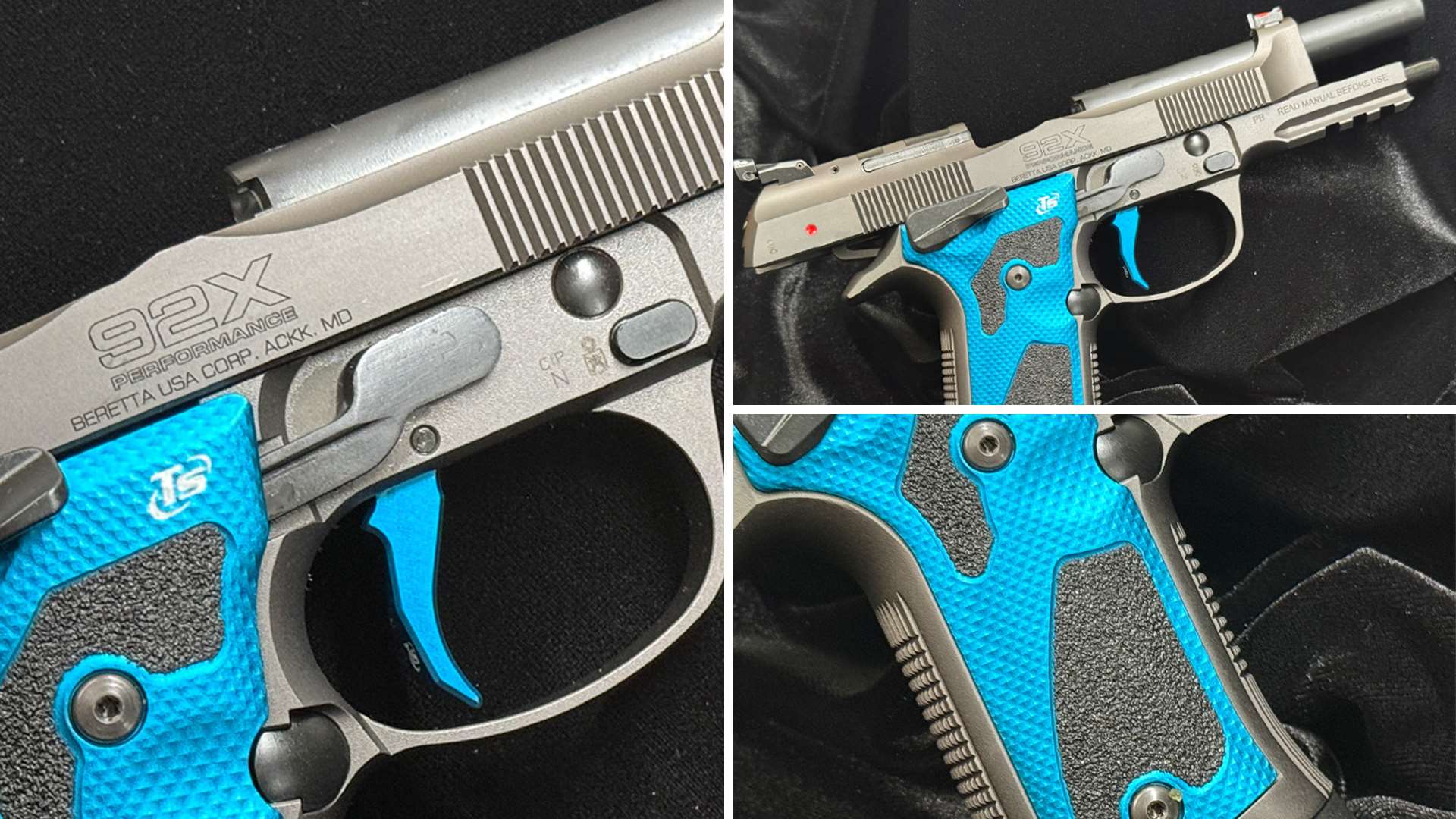 Close-up collage of the Beretta 92X Performance Dark Series showing slide engraving, Xtreme S trigger, ambidextrous safety and checkered blue TS grip panels.