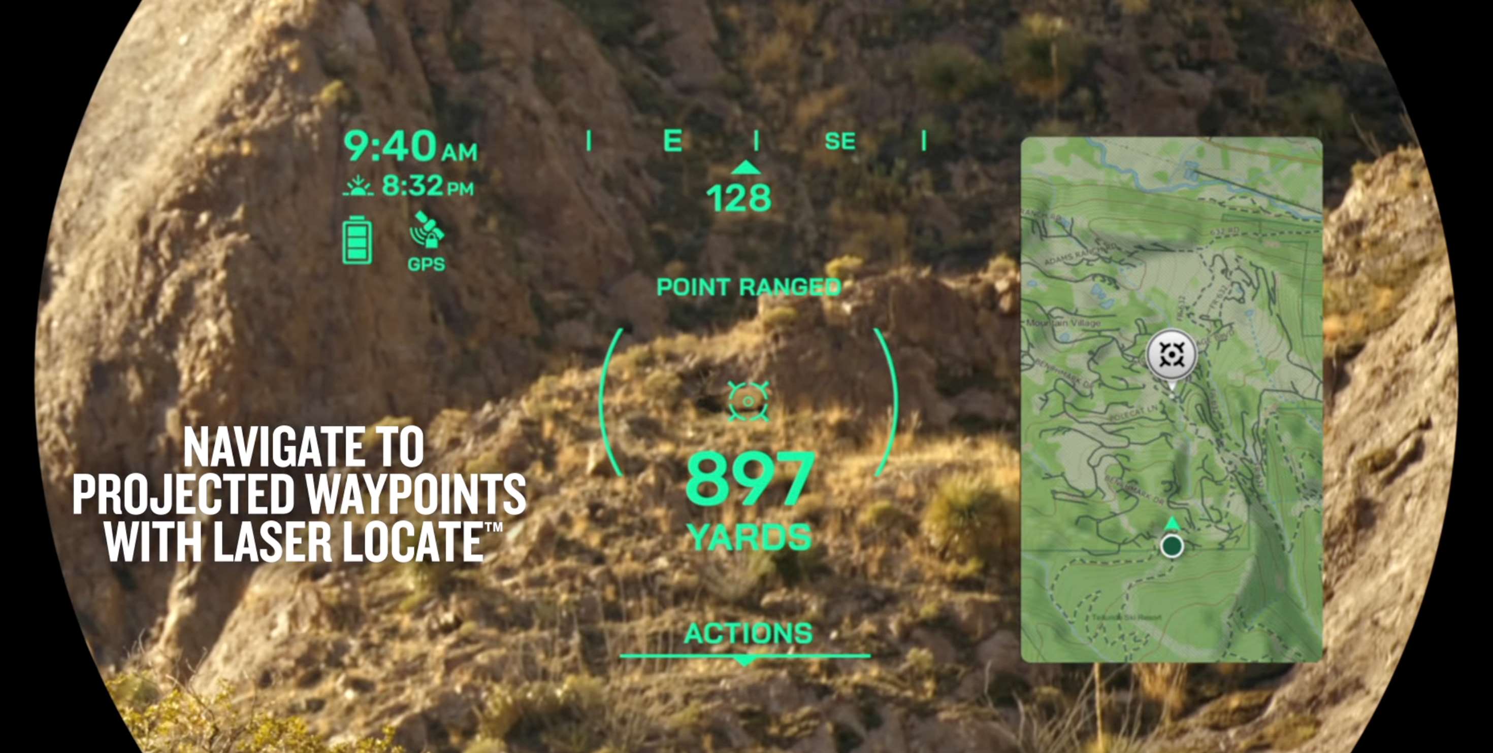 Garmin Xero L60i laser rangefinder view with high-resolution graphic overlay that displays distance, mapping, navigation, ballistics and more