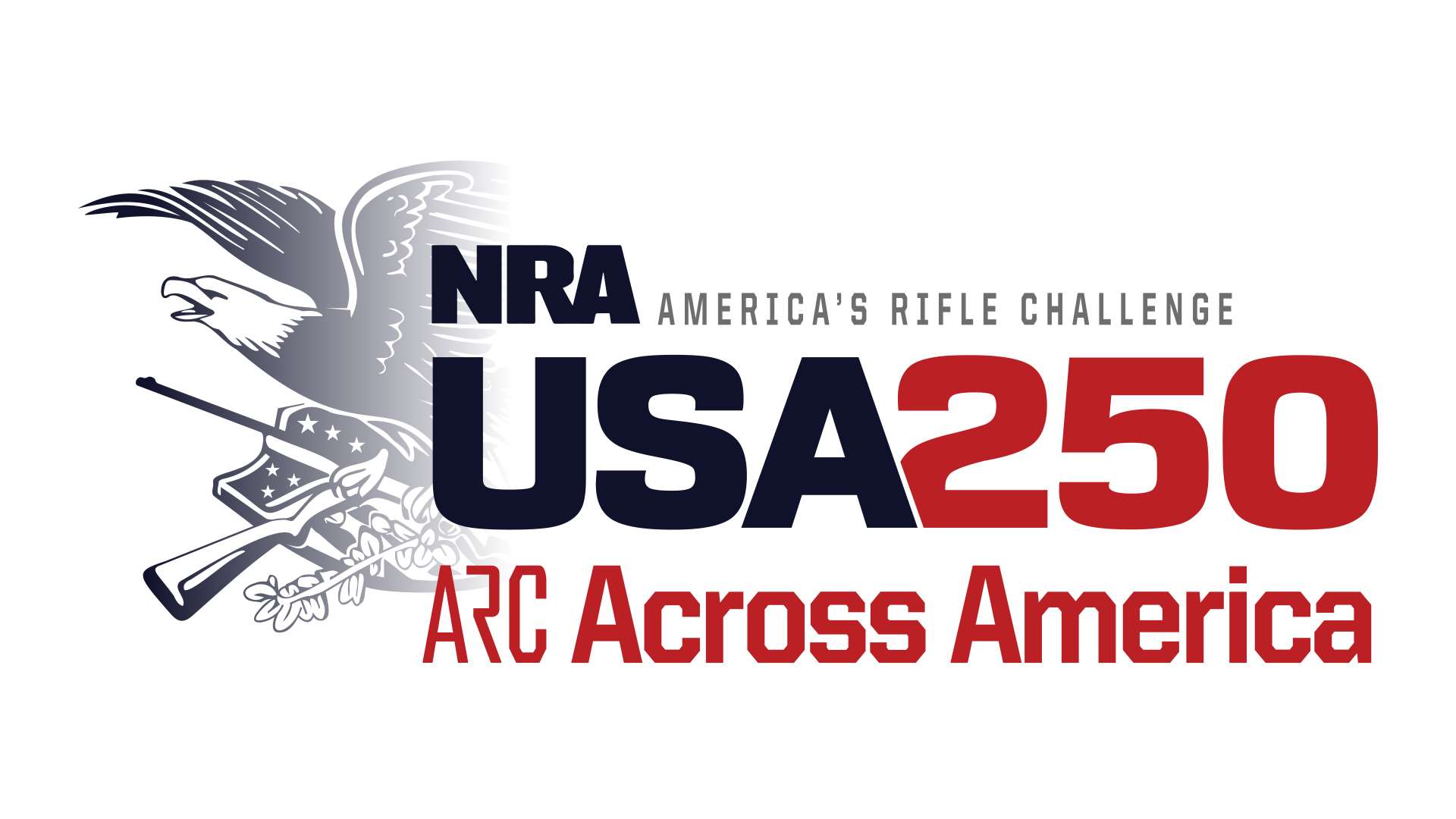NRA America's Rifle Challenge ARC Across America USA 250 logo featuring eagle with rifle and olive branch for the nationwide summer 2026 competition celebrating the nation's 250th anniversary