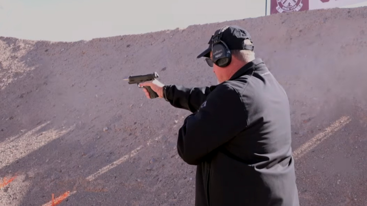 Rob Leatham shooting the Springfield Armory 10mm TRP Operator 5-inch barrel one-handed at the 2018 SHOT Show Industry Day at the Range
