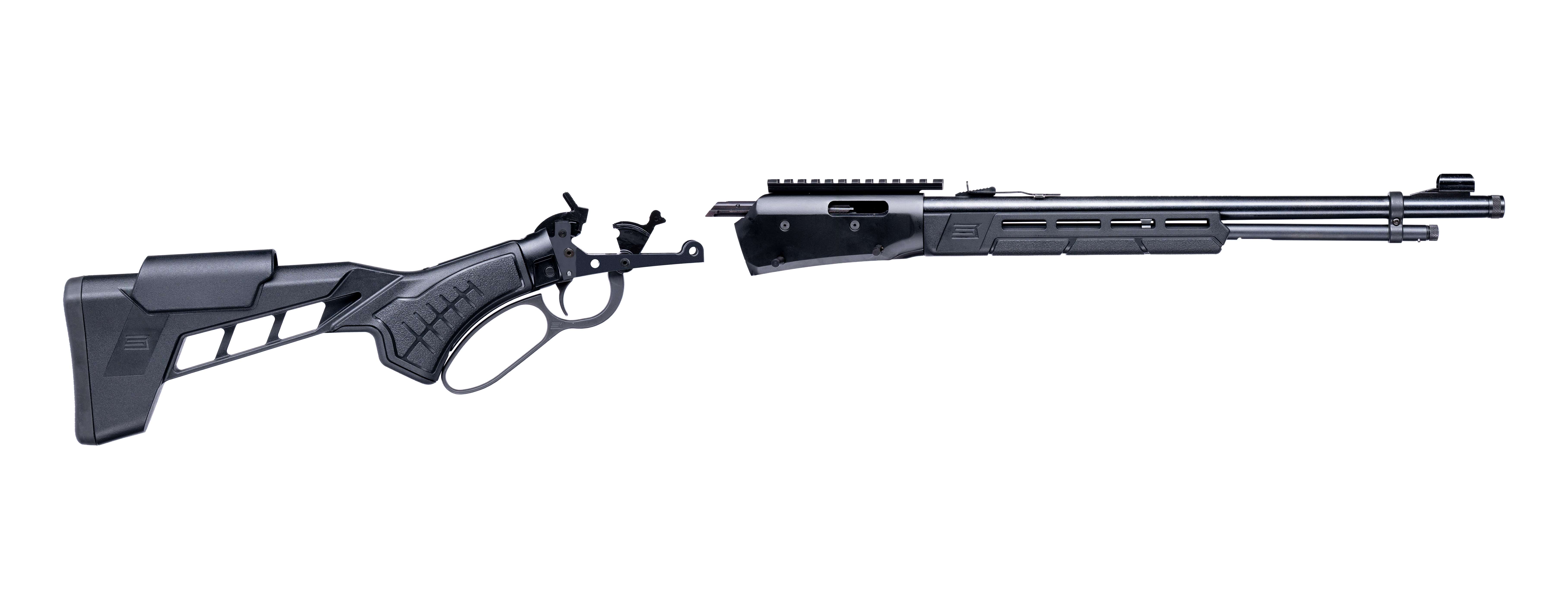 Savage Revel Tactical rifle taken down into two halves, the stock and lever assembly on the left and the barreled receiver on the right
