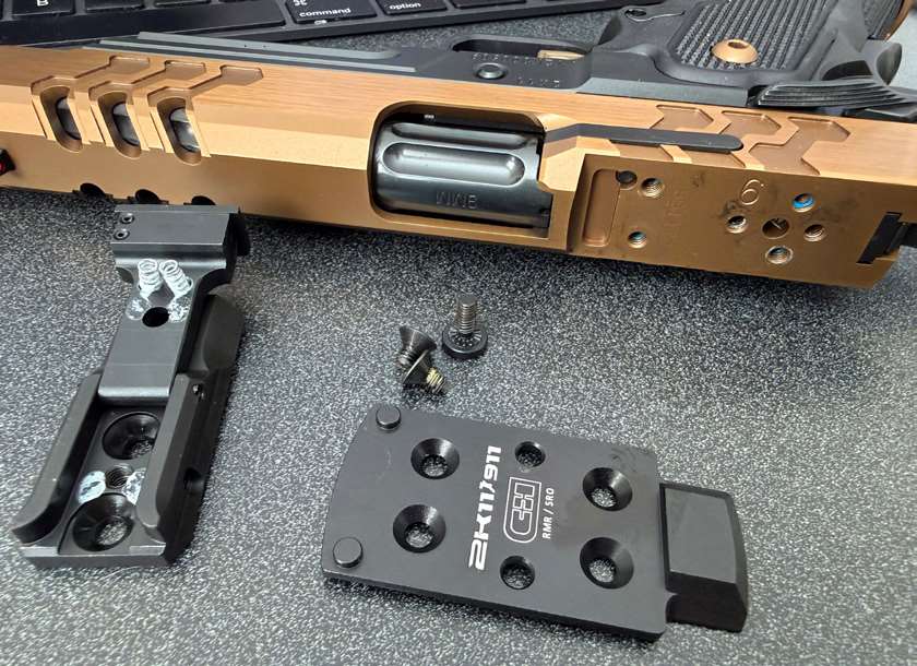 Kimber 2K11 Target (OR) optics-ready slide with C&amp;H Precision mounting plate system supporting multiple red dot sight footprints