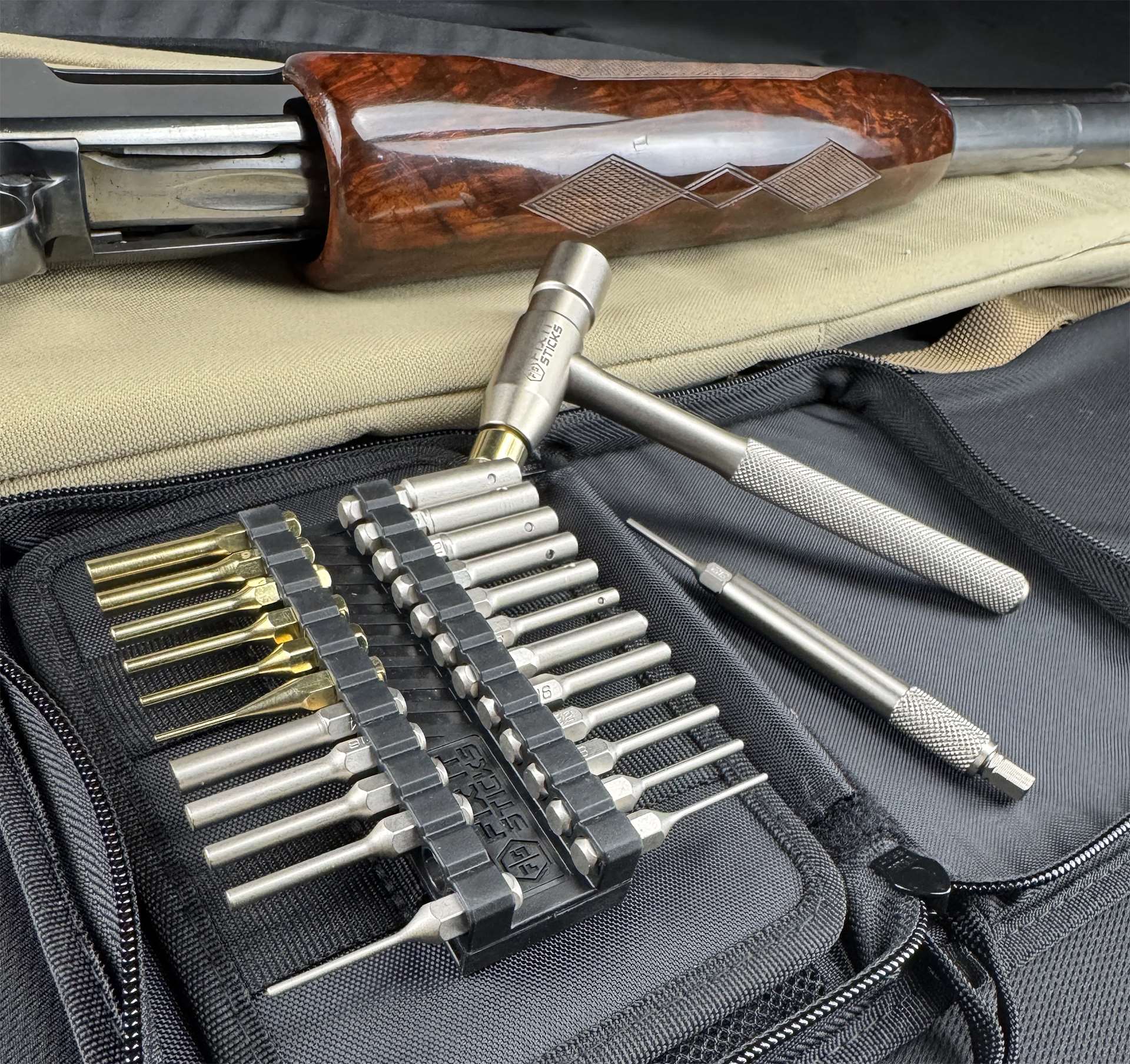 Fix It Sticks Armorer’s Punch Toolkit displayed in soft carrying case showing Armorer’s Hammer and 24-piece punch set