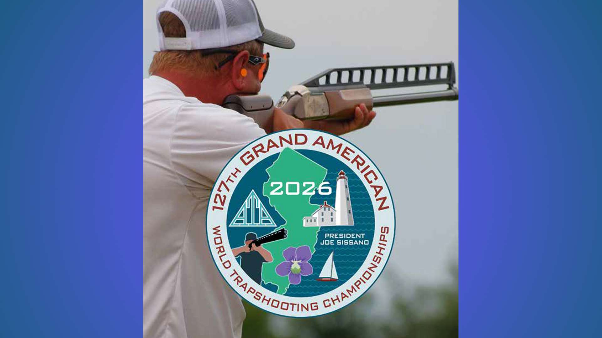 ATA 2026 Grand American logo and trapshooter on blue background