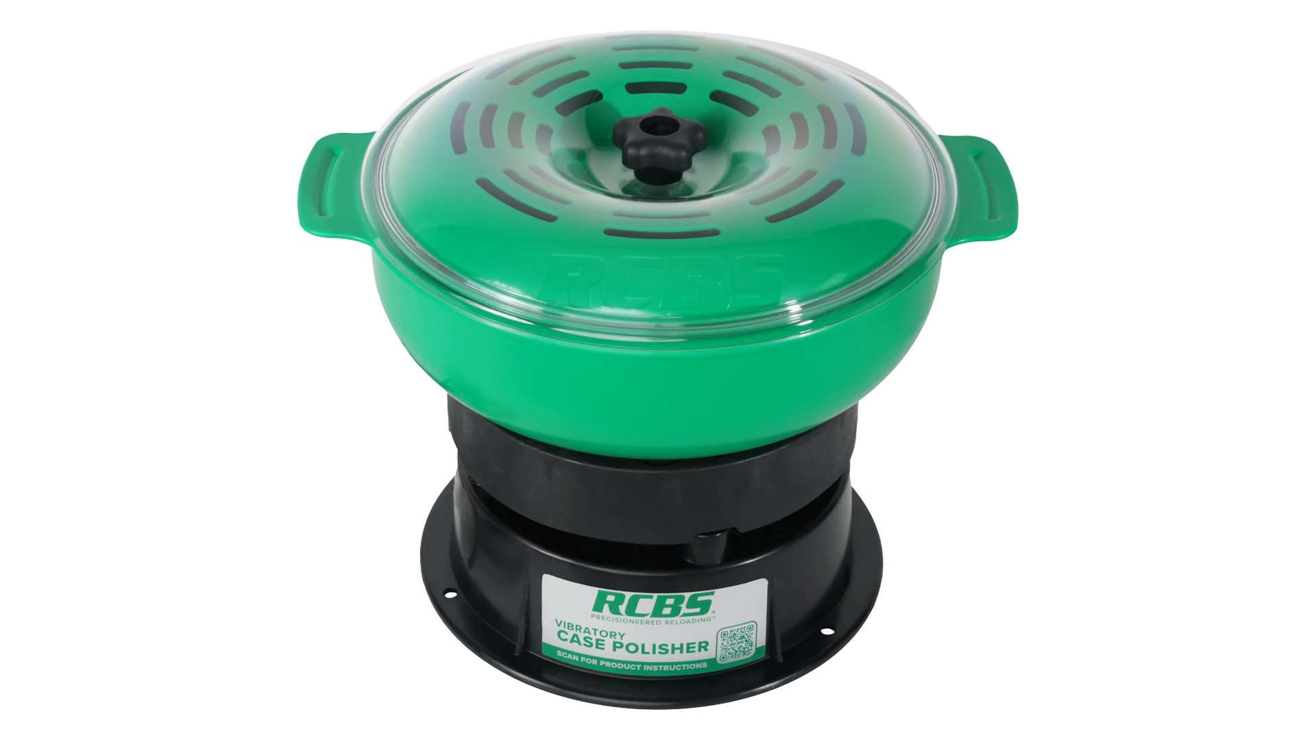 Green RCBS Vibratory Case Polisher with a clear lid and black center knob on a black base, shown on a white background