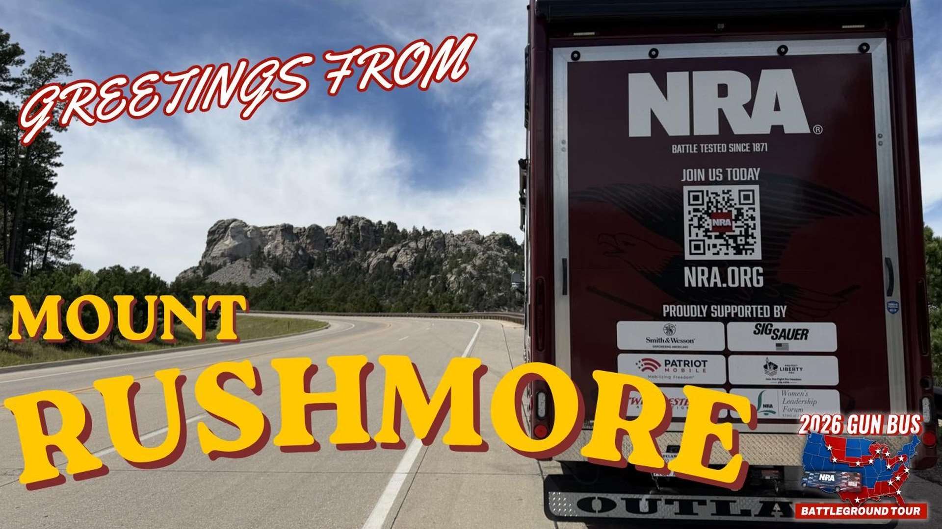 NRA Gun Bus rear view on highway near Mt. Rushmore in South Dakota