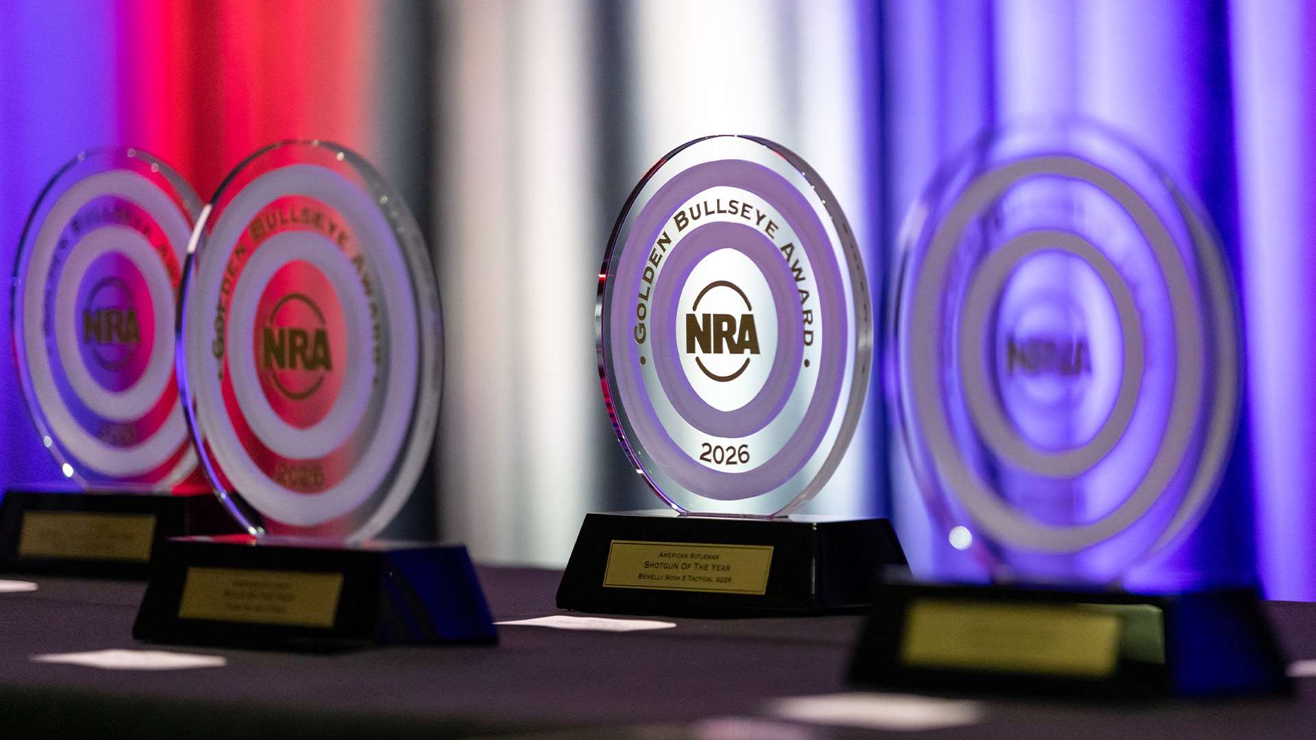 NRA Golden Bullseye Award trophies at the 2026 presentation in Houston