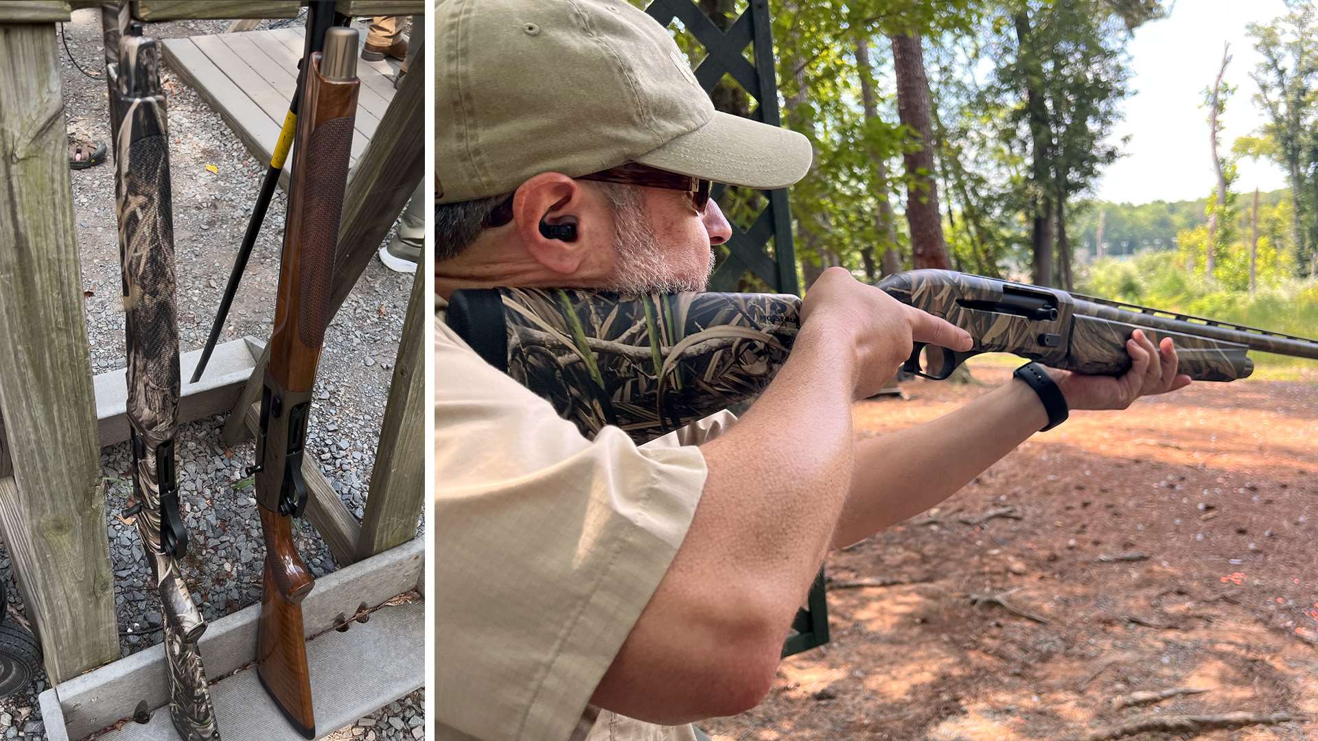 Left, two TriStar shotguns in a wooden gun rack; right, a shooter in a tan cap shoulders a camo Viper G3 Shadow Grass Habitat
