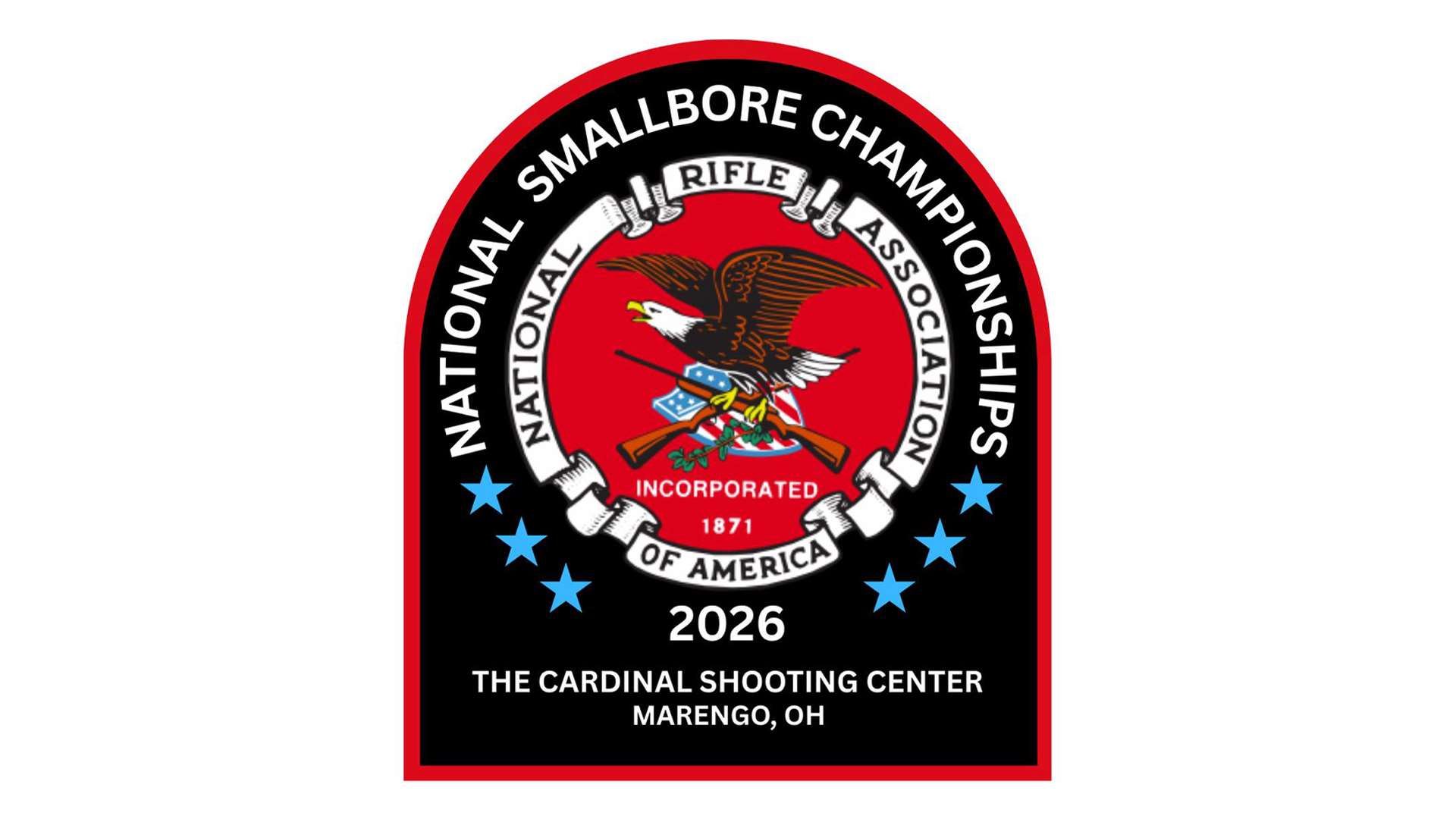 2026 NRA National Smallbore Rifle Championships logo featuring the NRA seal, five blue stars and text reading "The Cardinal Shooting Center, Marengo, OH."
