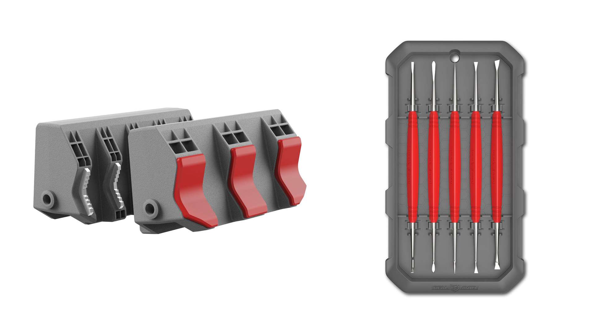 Two gray Real Avid Smart-Jaws Tube-Fit vise sleeves, one showing red rubberized gripping surfaces and the other its steel side, beside five red-handled Accu-Grip Steel Picks in a gray storage case