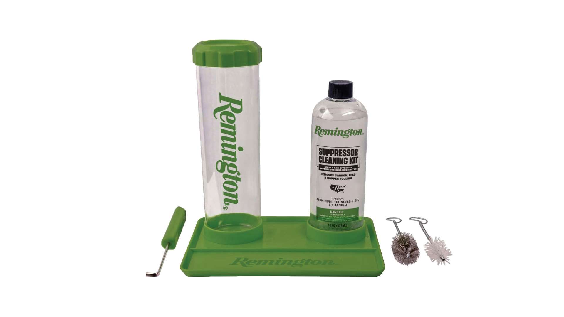 Remington Suppressor Cleaning Kit with a clear soak tube and green cap, a 16-ounce bottle of cleaning fluid standing in a green tray, a green-handled pick and two brushes