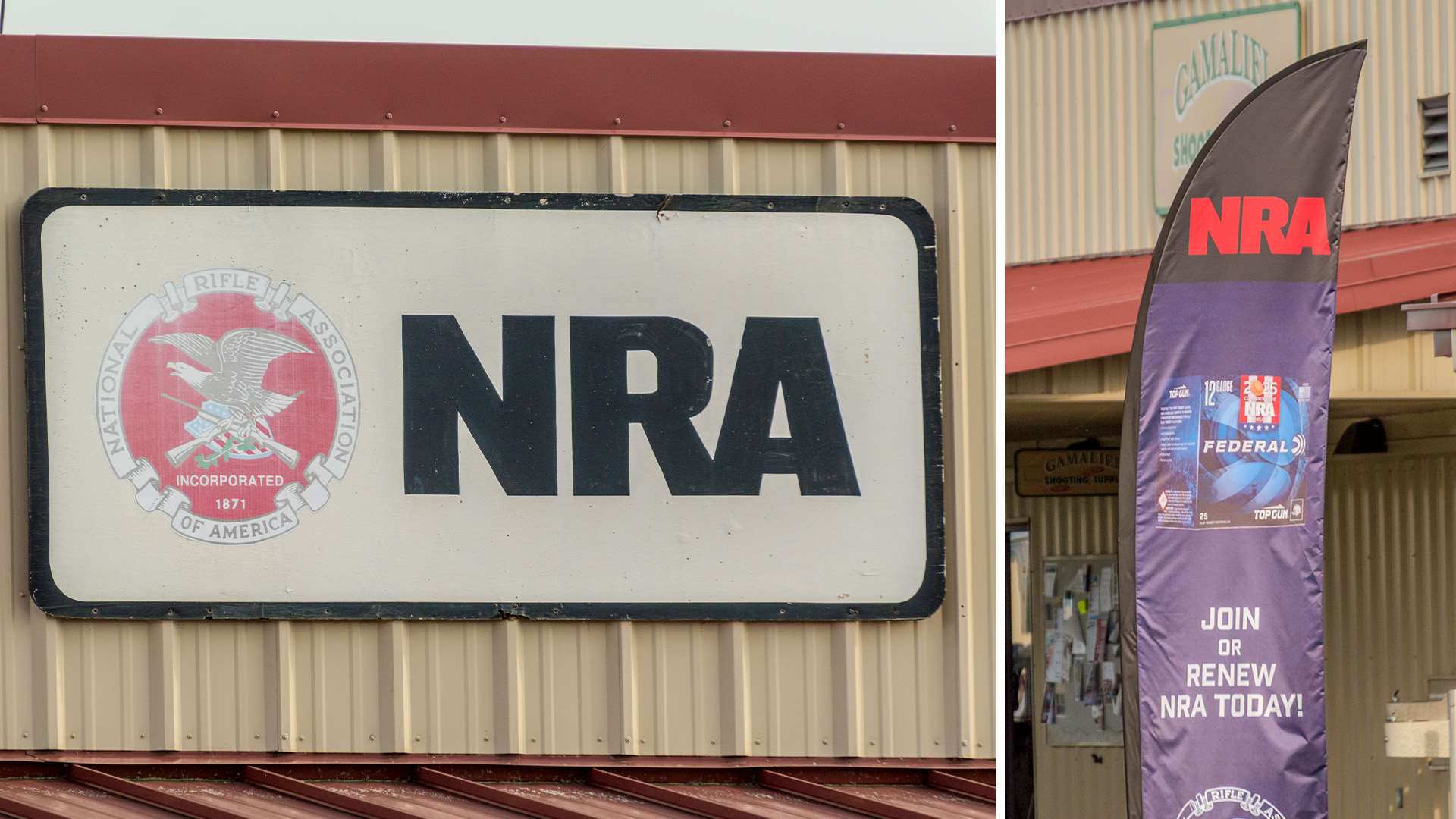 An NRA sign mounted on a vendor building at the Grand American, alongside an NRA feather flag reading "Join or Renew NRA Today."