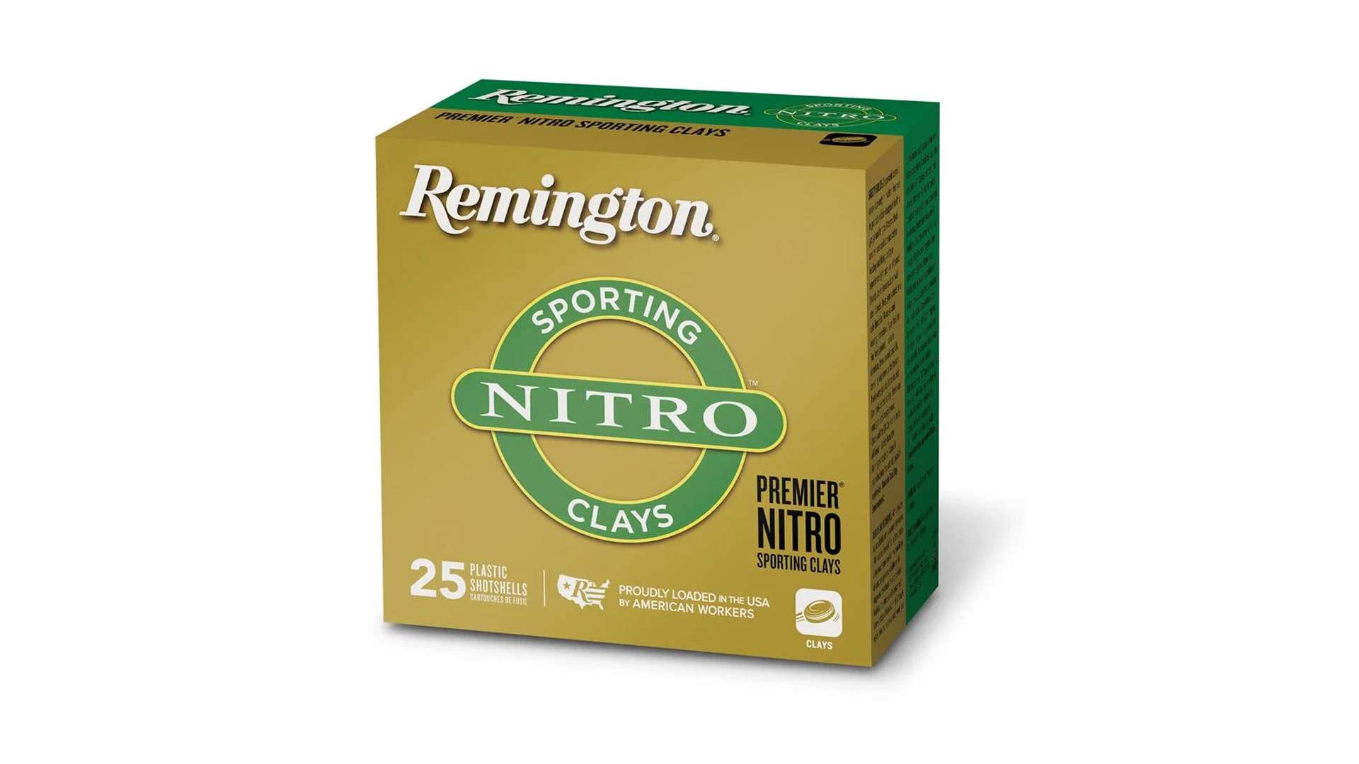 Gold and green Remington Premier Nitro Sporting Clays 25-round box shown against a white background, front and right panels visible