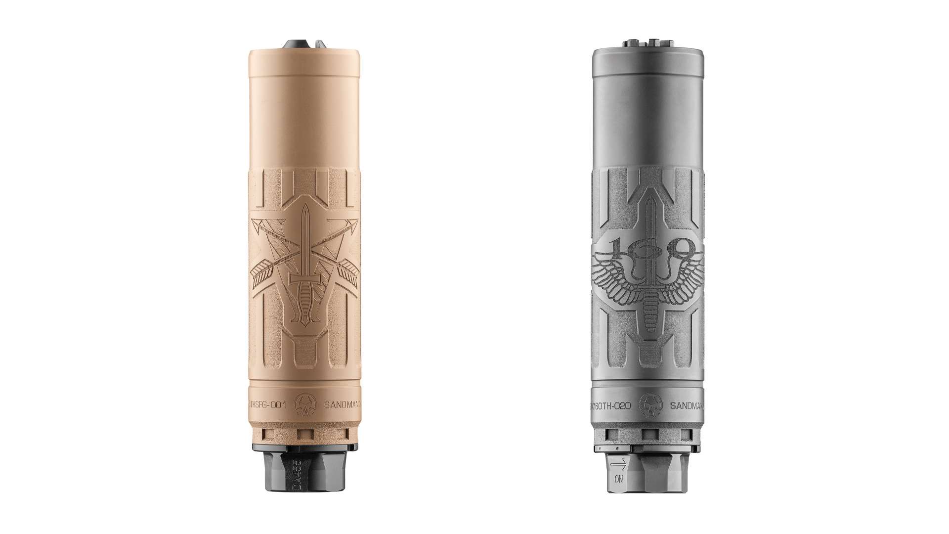 Two limited-edition Dead Air Sandman X suppressors on a white background, one Flat Dark Earth with the 5th Special Forces Group insignia and one Black with the 160th SOAR insignia