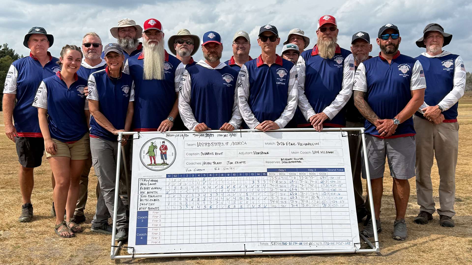 American F-T/R team members standing behind a large handwritten scorecard marked 2026 FCWC Richardson on the range at Bisley