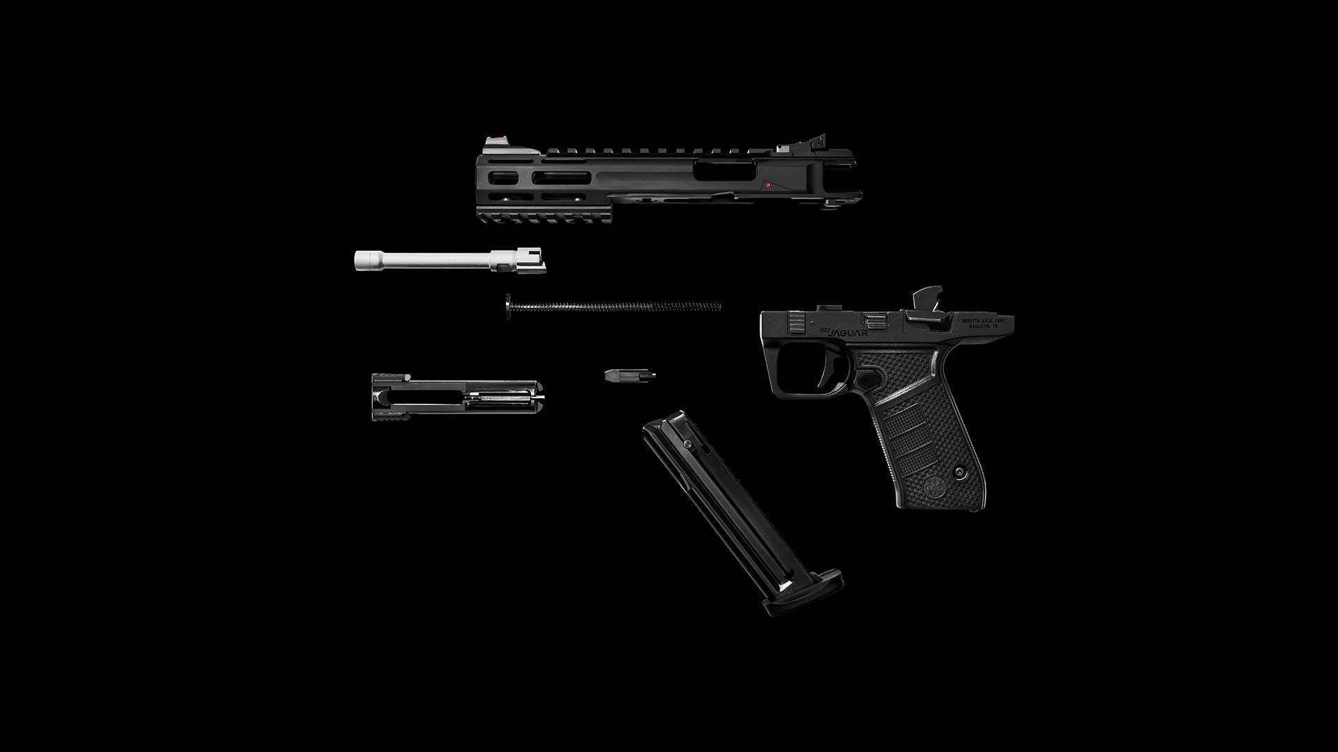 Beretta B22 Jaguar Tac Metal disassembled into upper receiver, barrel, recoil spring, bolt, frame and magazine