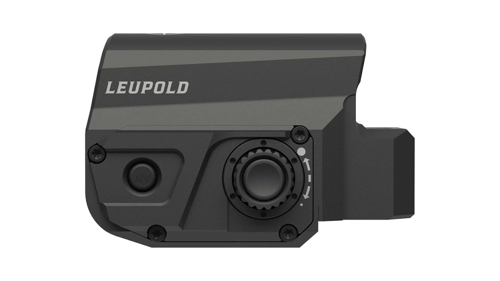 Black Leupold LCO Pro F2 red-dot sight, showing its machined aluminum housing, rotary brightness dial with a dedicated NV button, and mounting screws on a white background