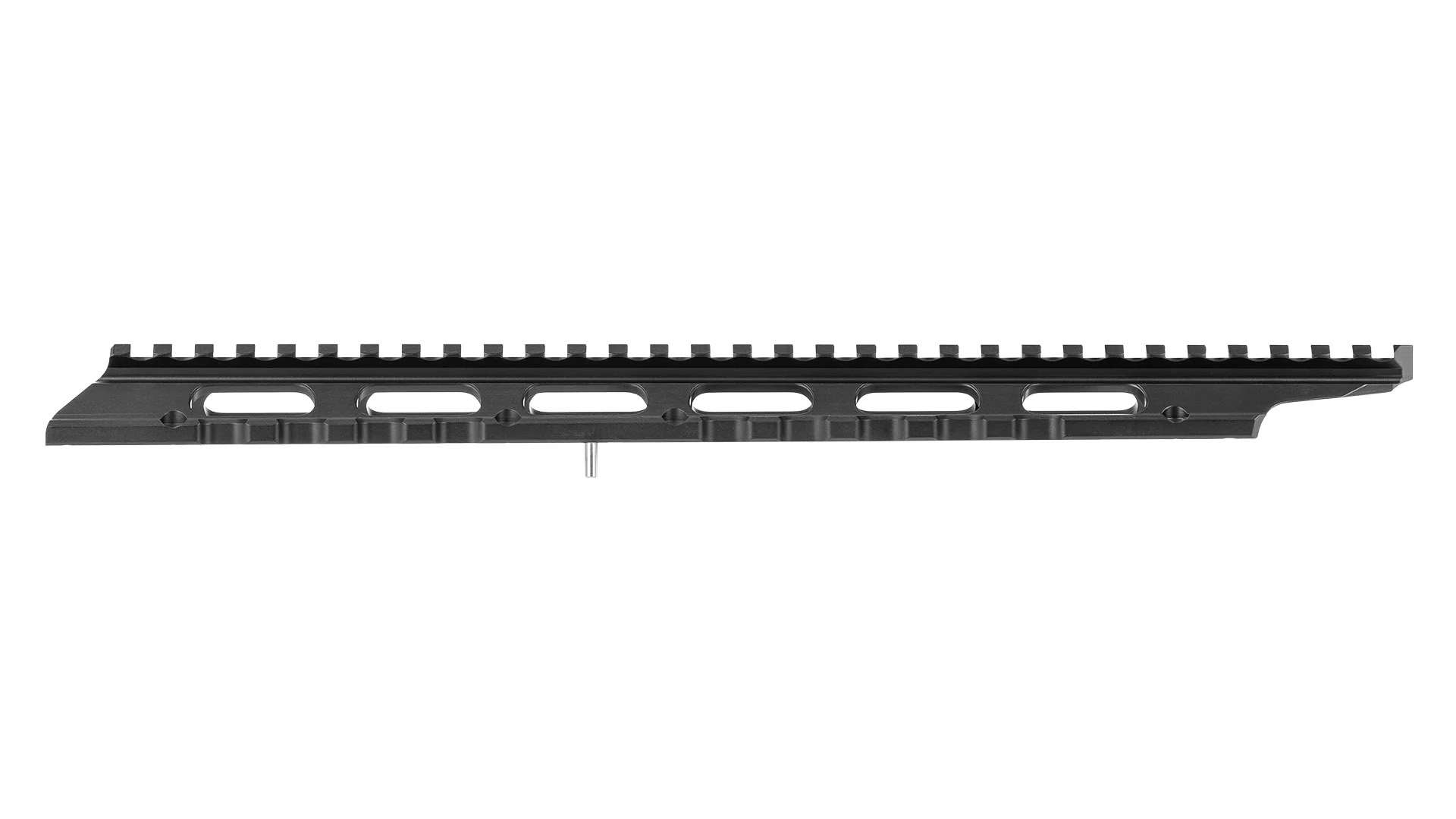 Side profile of a black MDT One-Piece NV Bridge showing rail slots, six oval cutouts, screw holes and a small steel pin protruding from the underside