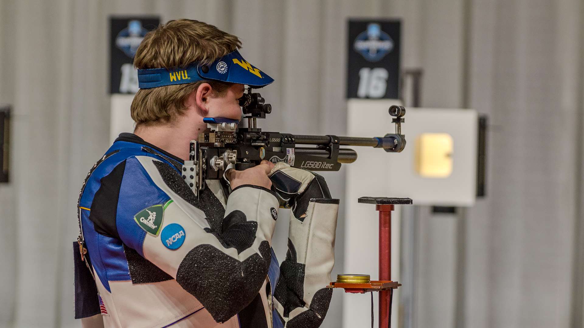 Griffin Lake competing in air rifle at Ohio State during 2026 NCAA Rifle Championship
