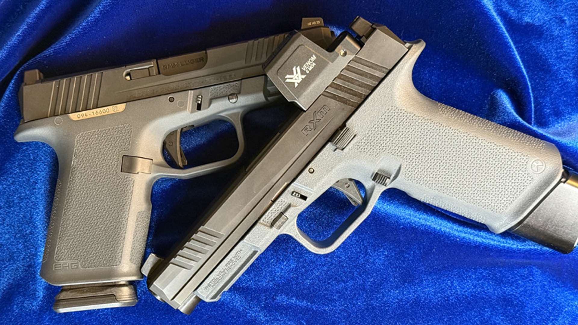 Two Ruger RXM handguns on a blue background, one with a Vortex optic