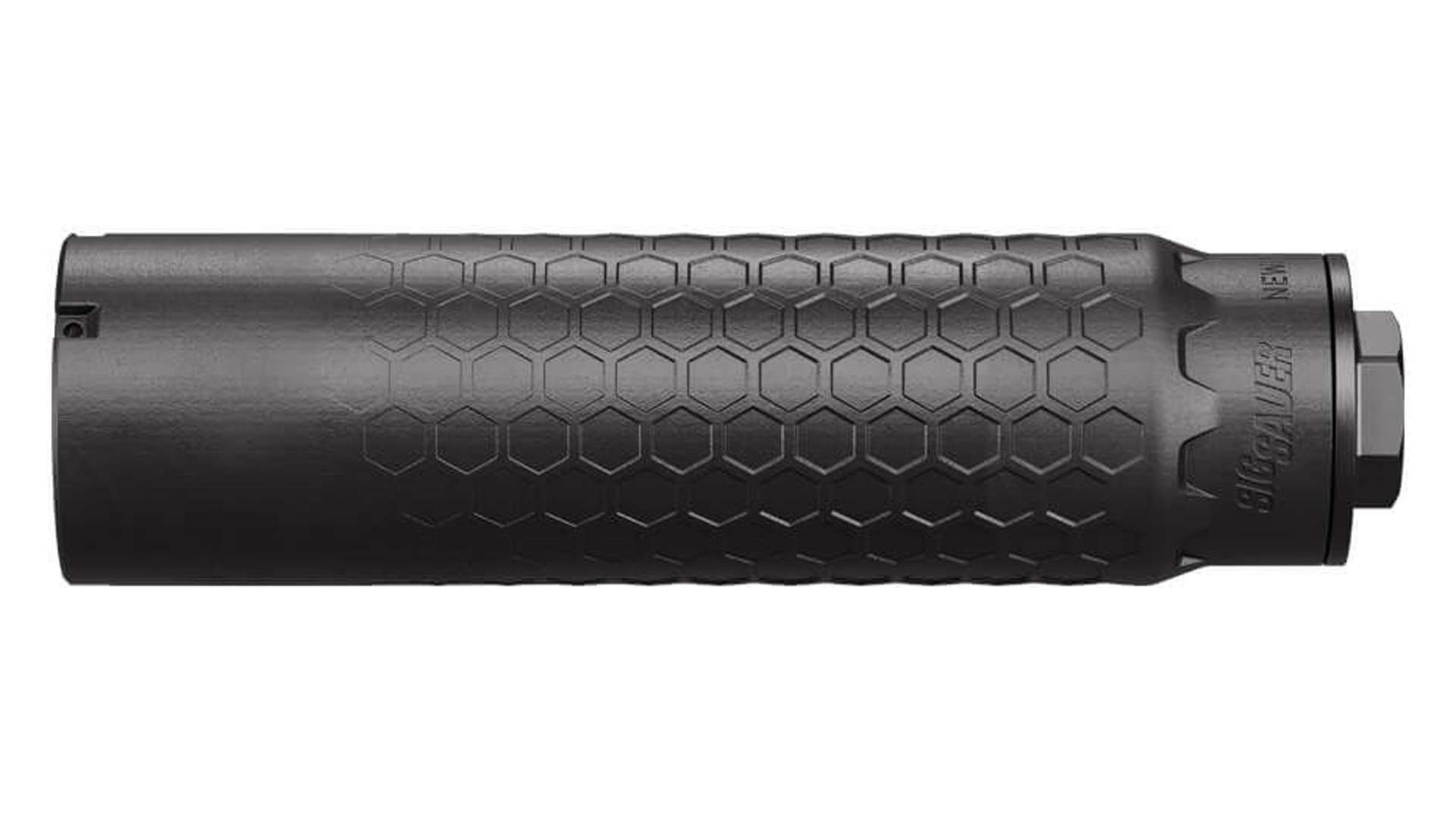 Hexium7.62 suppressor side view on white background