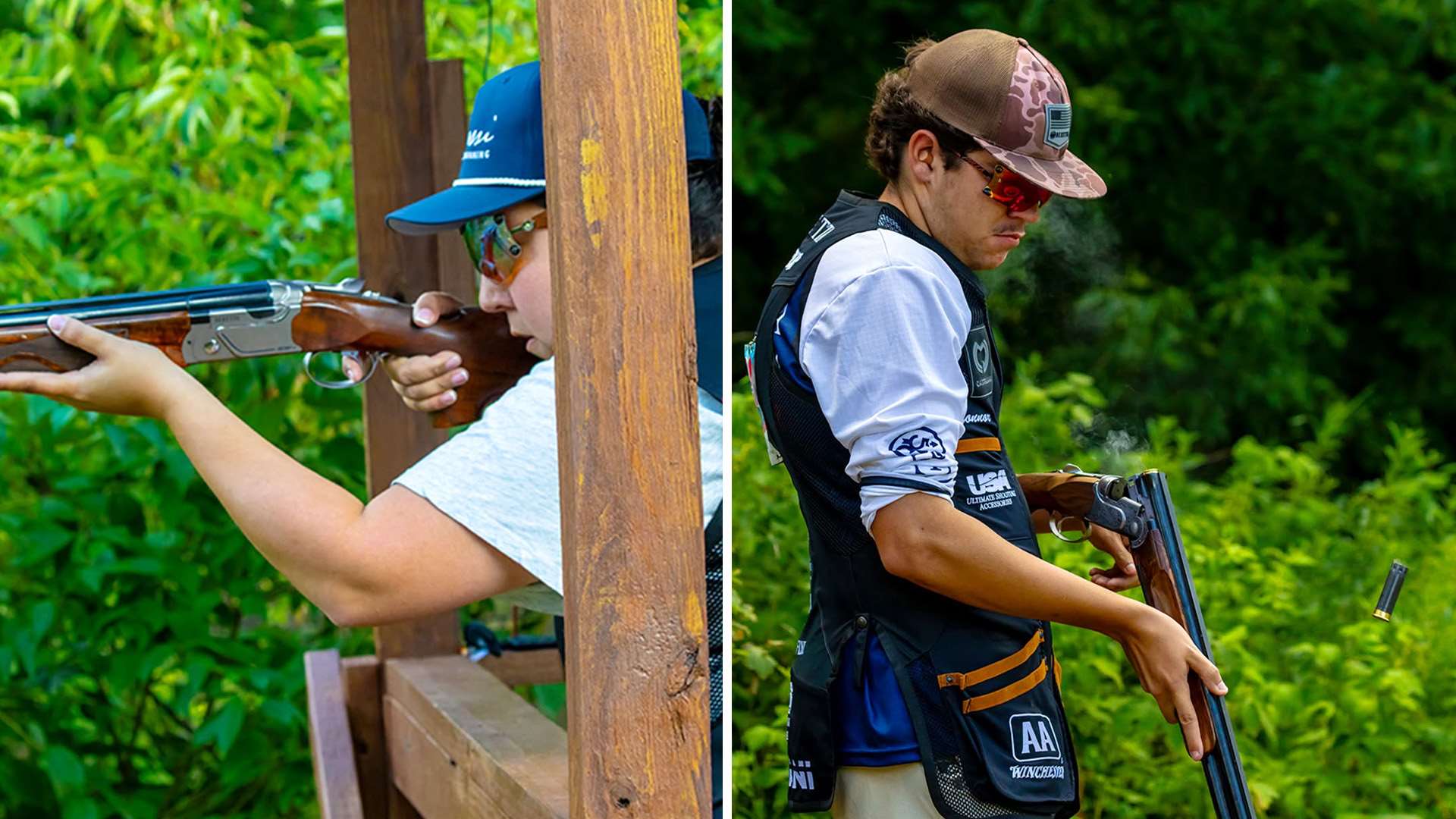 Two-panel image of sporting clays competitors, one mounting an over-under shotgun at a stand and one breaking open a shotgun as a spent hull ejects